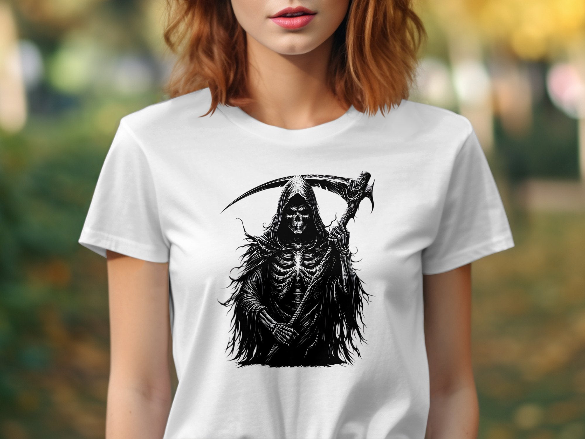 Grim Reaper - Black White Gildan T-Shirt Commemorative Talisman Unisex Tee Graphic Design