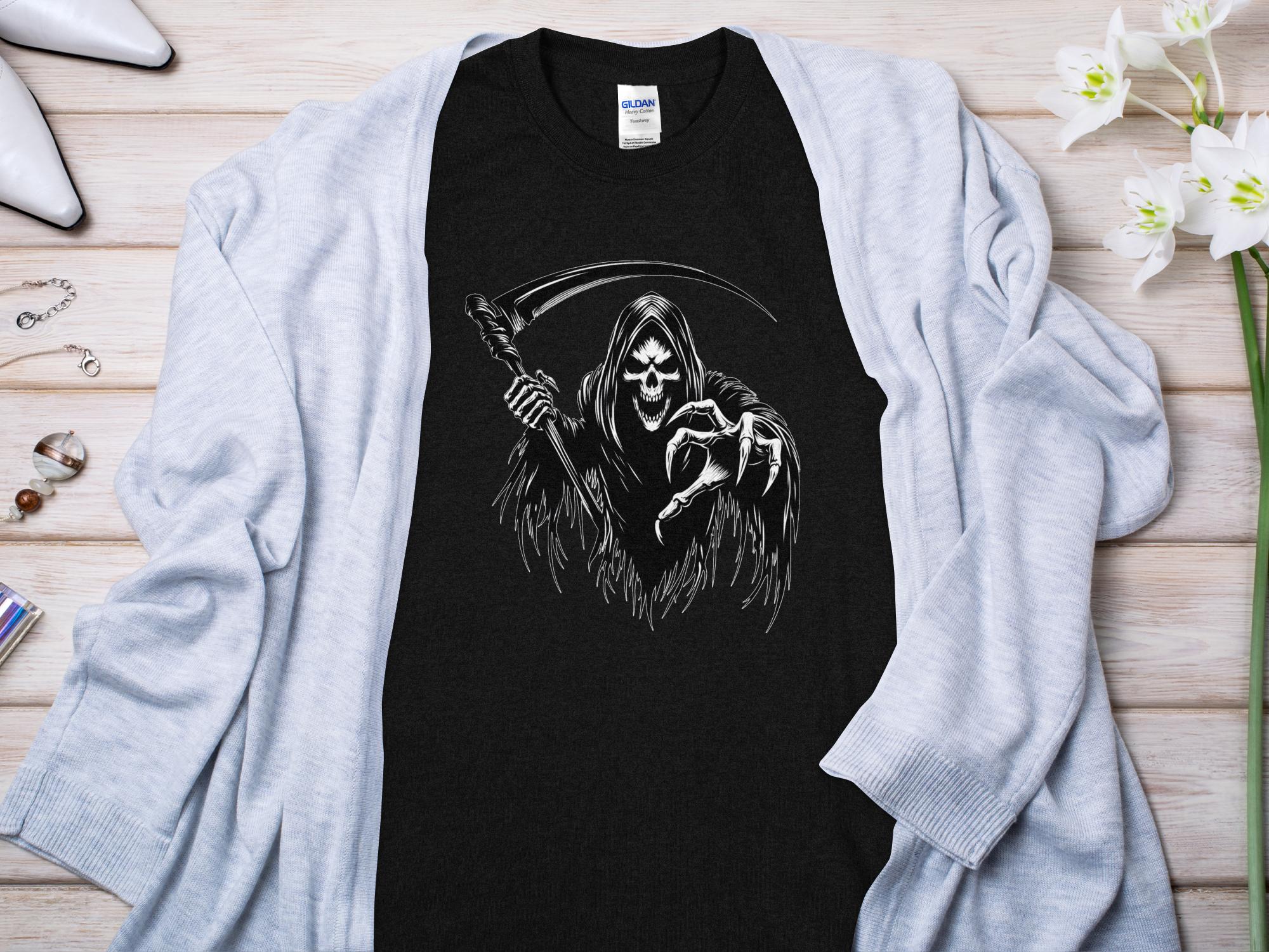 Grim Reaper - Black White Gildan T-Shirt Commemorative Talisman Unisex Tee Graphic Design