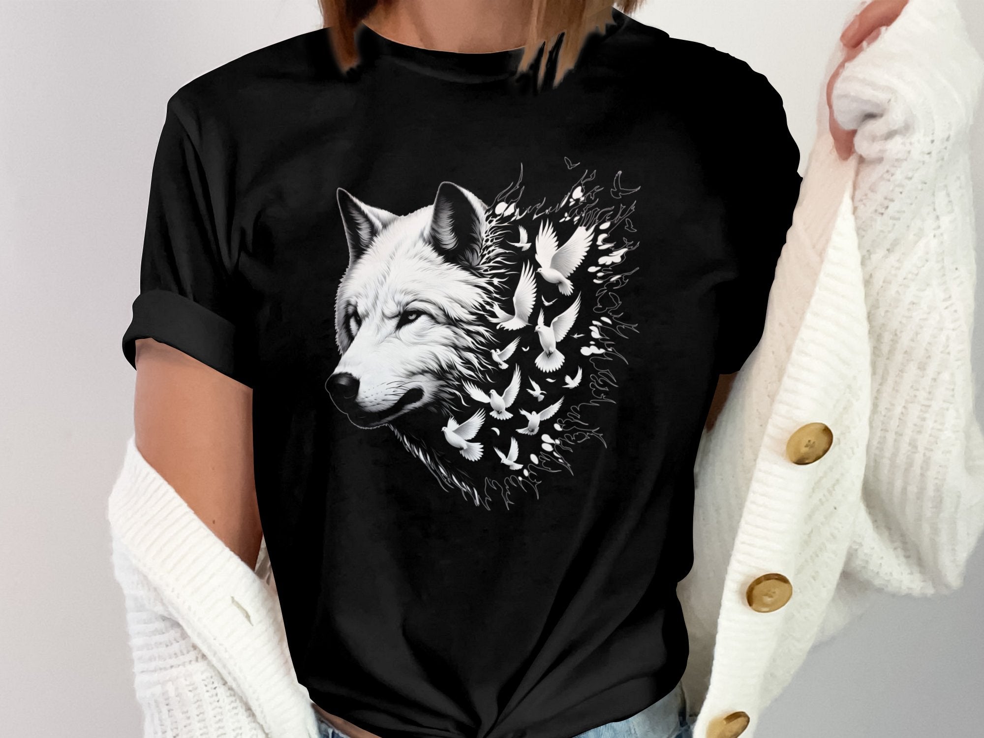 Wolf x Doves - Black White Gildan T-Shirt Realistic Animal Talisman Unisex Tee Graphic Design