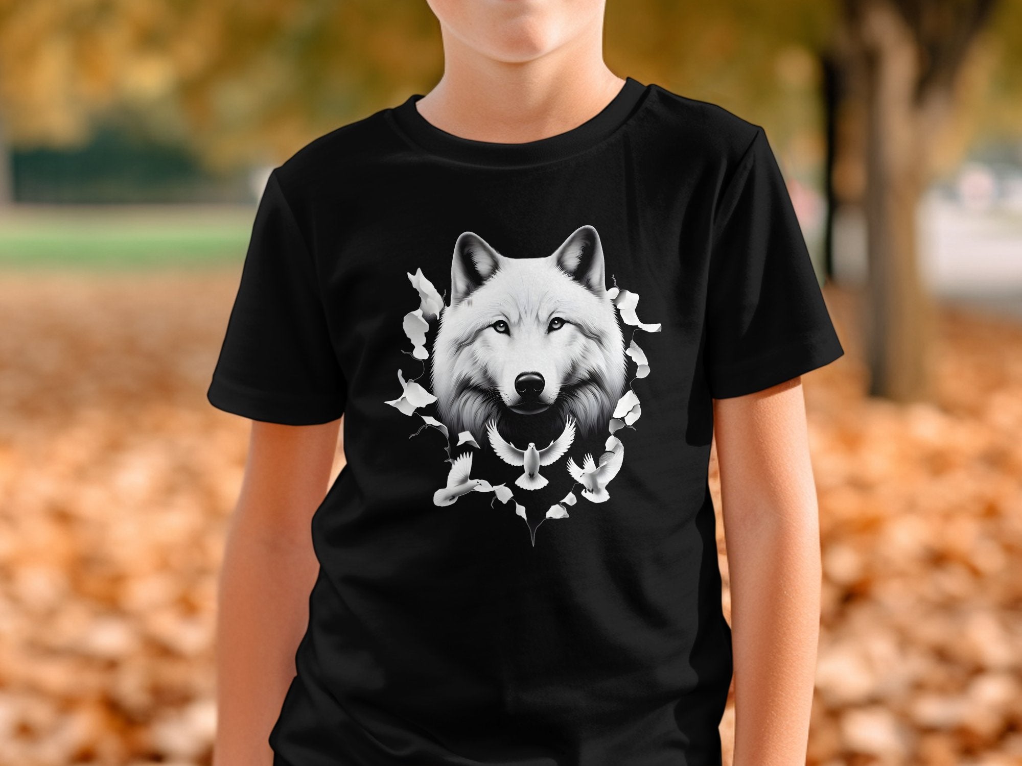 Wolf x Doves - Black White Gildan Kids T-Shirt Realistic Animal Talisman Unisex Tee Graphic Design