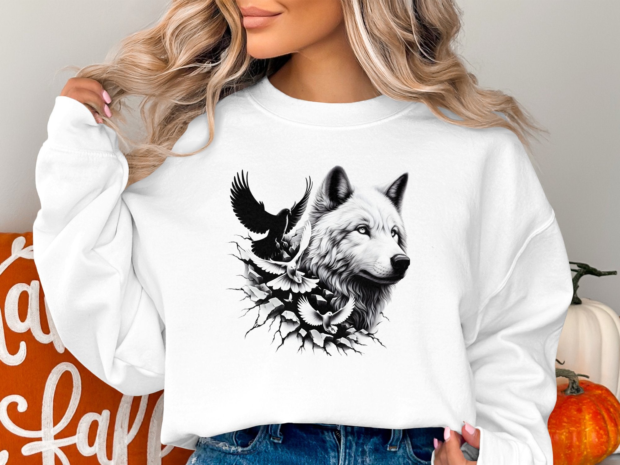 Wolf x Doves - Black White Gildan Sweatshirt Realistic Animal Talisman Unisex Tee Graphic Design