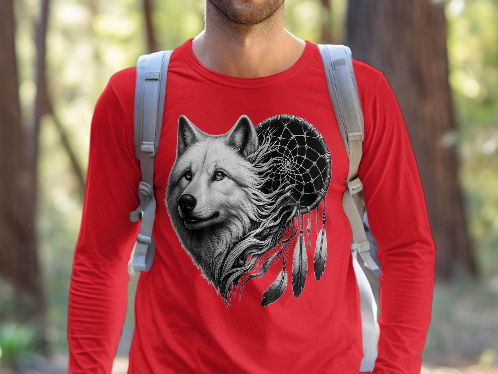 Dreamcatcher Wolf - Coloured Gildan Long Sleeve Realistic Native American Talisman Unisex Mythology Tee Graphic Design