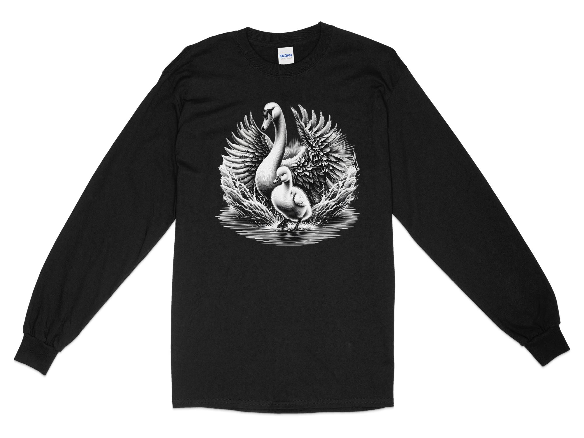 Swan & Cygnet- Black White Gildan Long Sleeve Realistic Family Talisman Unisex Tee Graphic Design