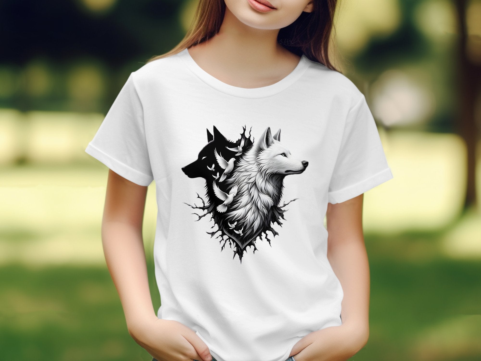 Wolf x Doves - Black White Gildan Kids T-Shirt Realistic Animal Talisman Unisex Tee Graphic Design