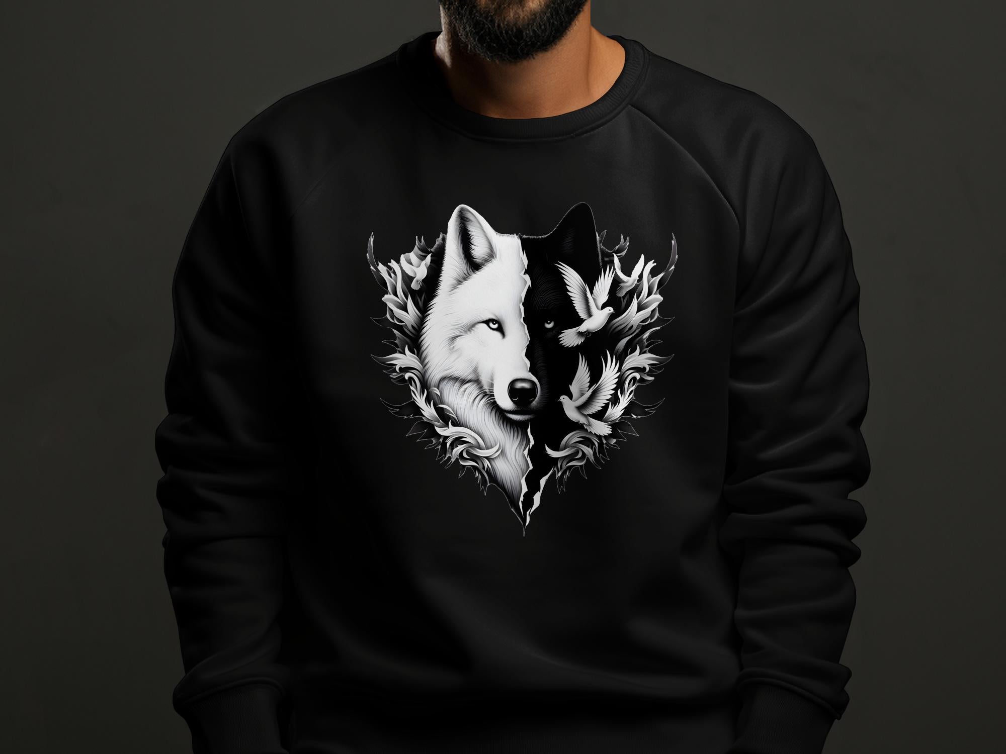 Wolf x Doves - Black White Gildan Sweatshirt Realistic Animal Talisman Unisex Tee Graphic Design