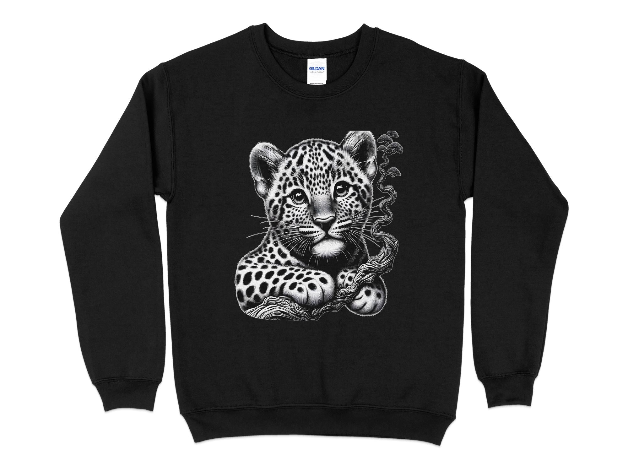 Leopard Bonsai - Coloured Gildan Sweatshirt Realistic Animal Talisman Unisex Cute Tee Graphic Design