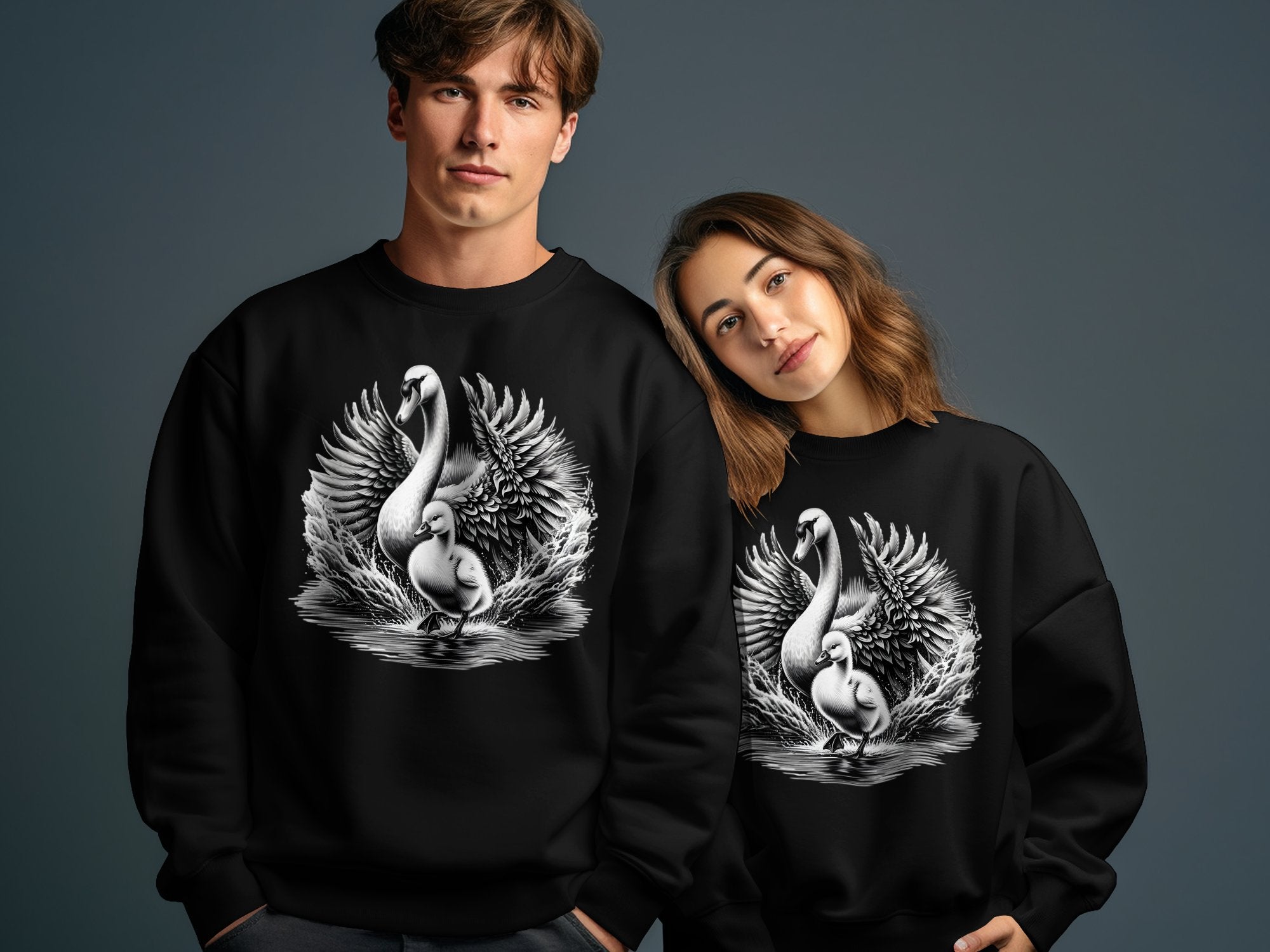 Swan & Cygnet- Black White Gildan Sweatshirt Realistic Family Talisman Unisex Tee Graphic Design