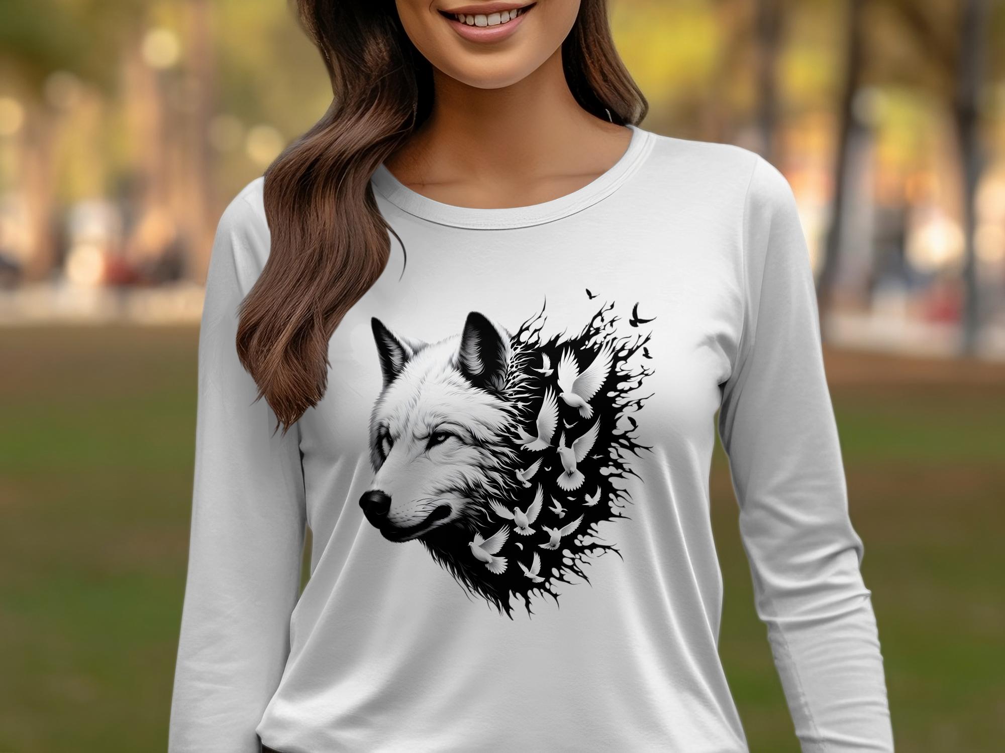 Wolf x Doves - Black White Gildan Long Sleeve Realistic Animal Talisman Unisex Tee Graphic Design