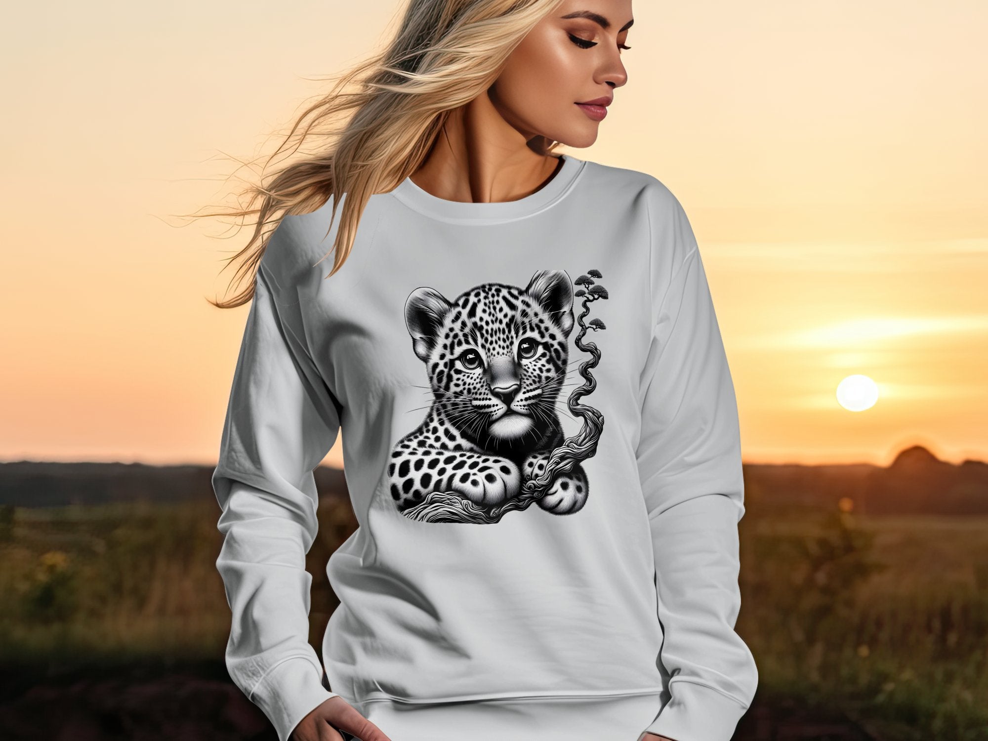 Leopard Bonsai - Coloured Gildan Sweatshirt Realistic Animal Talisman Unisex Cute Tee Graphic Design