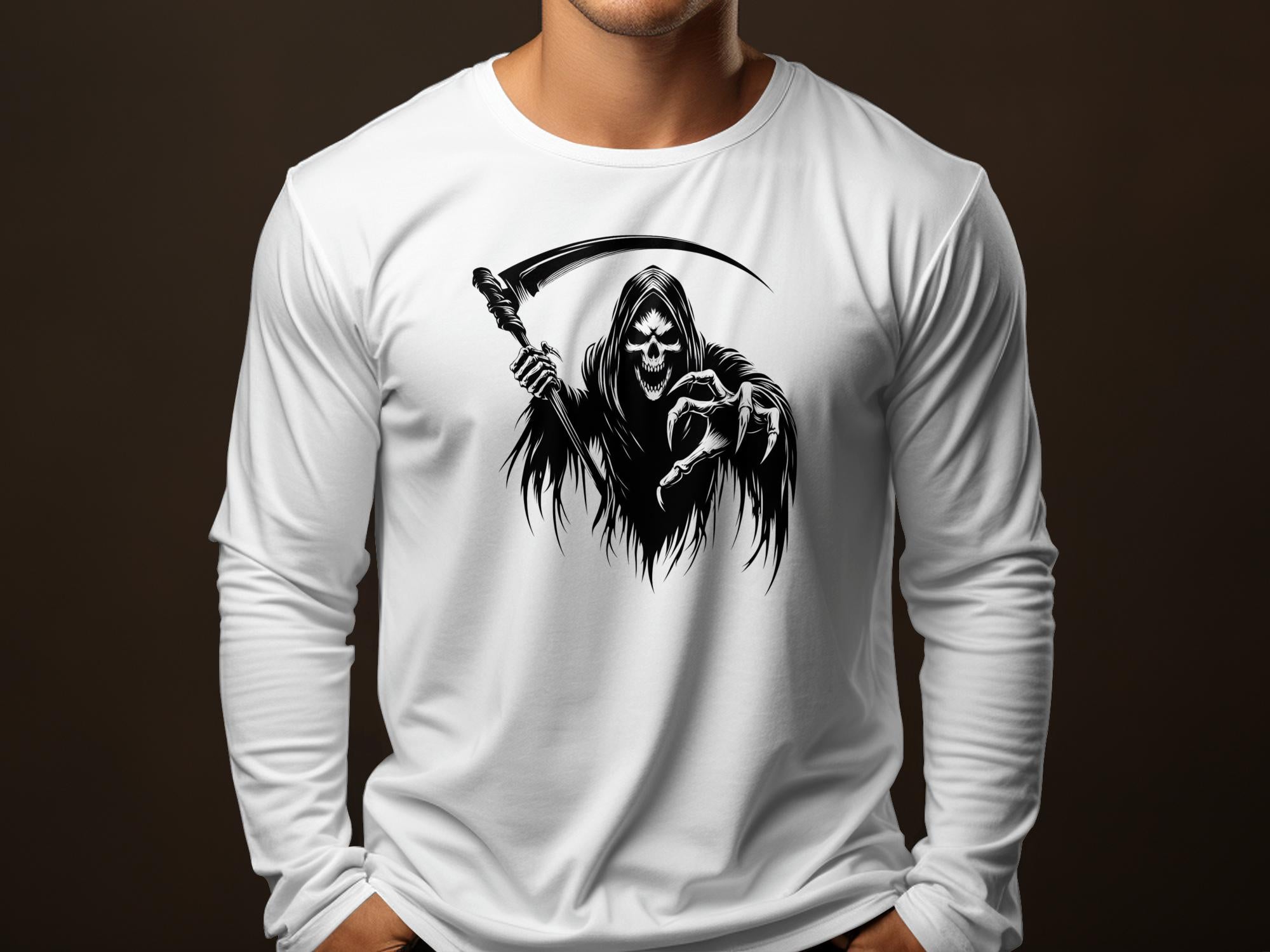 Grim Reaper - Black White Gildan Long Sleeve Commemorative Talisman Unisex Tee Graphic Design