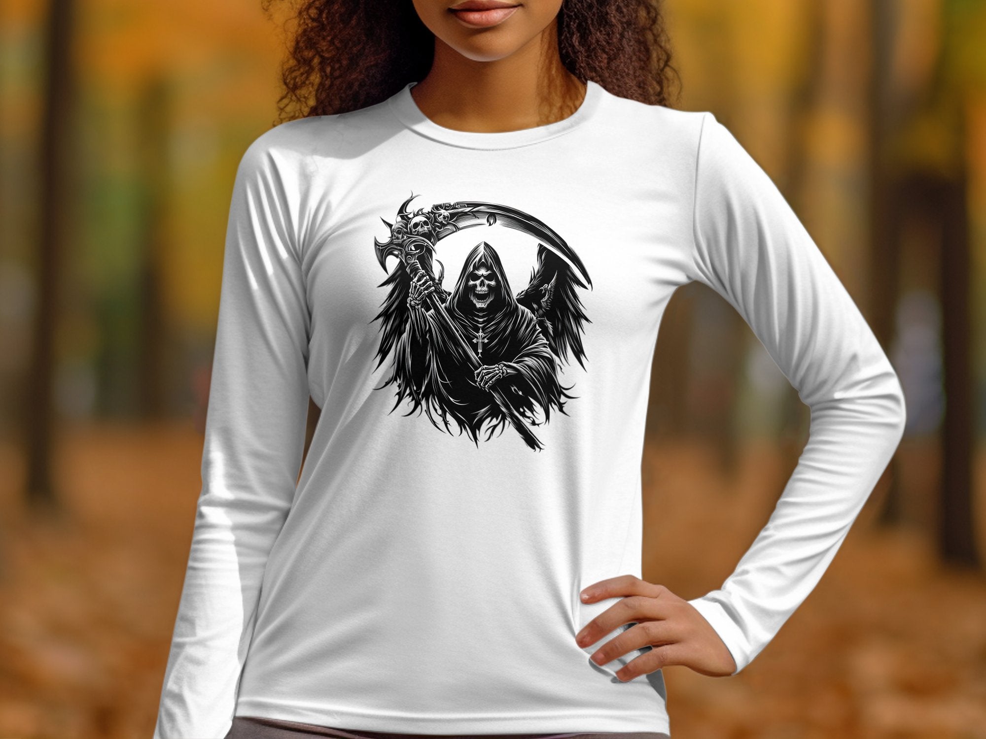 Grim Reaper - Black White Gildan Long Sleeve Commemorative Talisman Unisex Tee Graphic Design