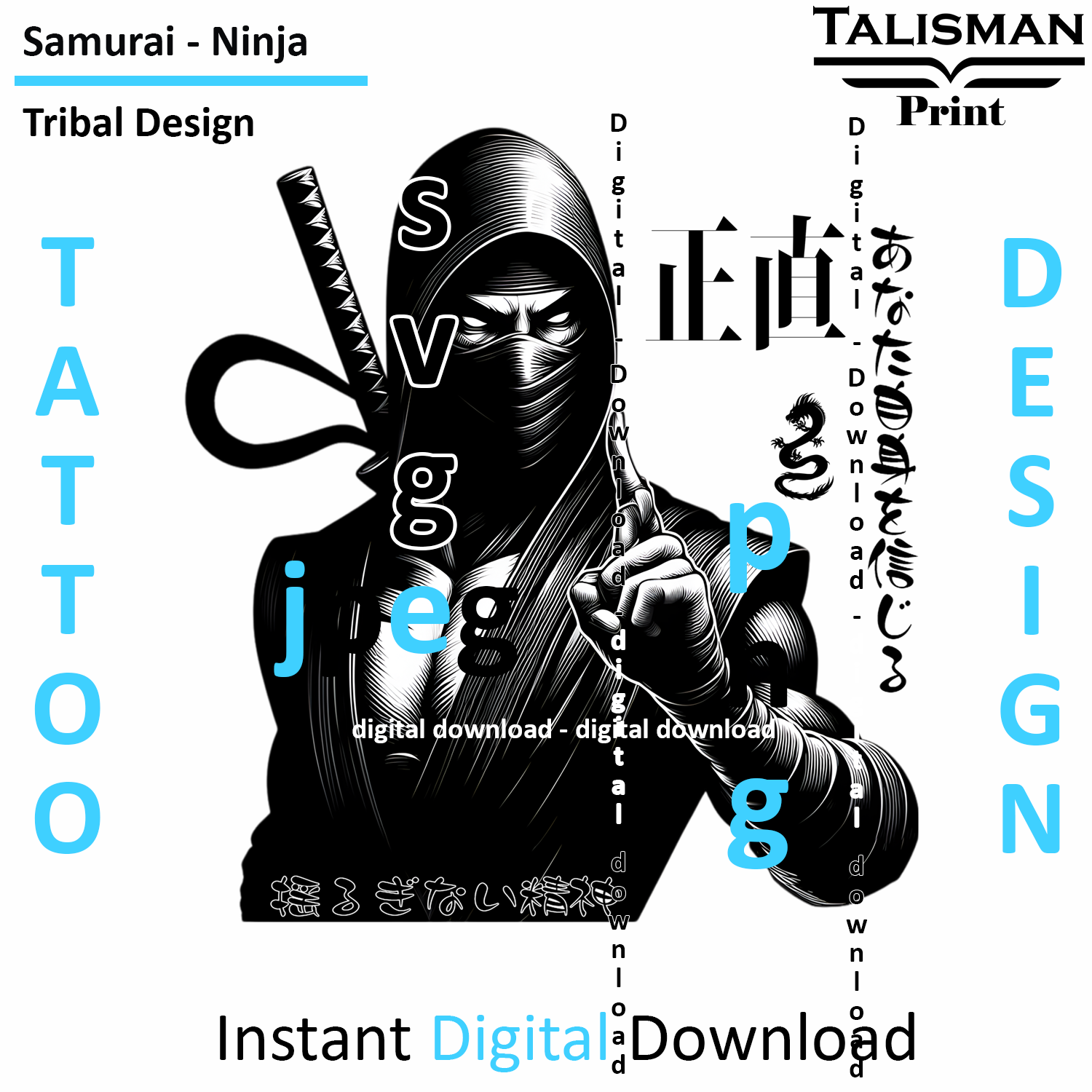 Samurai Ninja - Digital Art | PNG, JPEG & SVG | Instant Download for Apparel, Décor and Wall Art