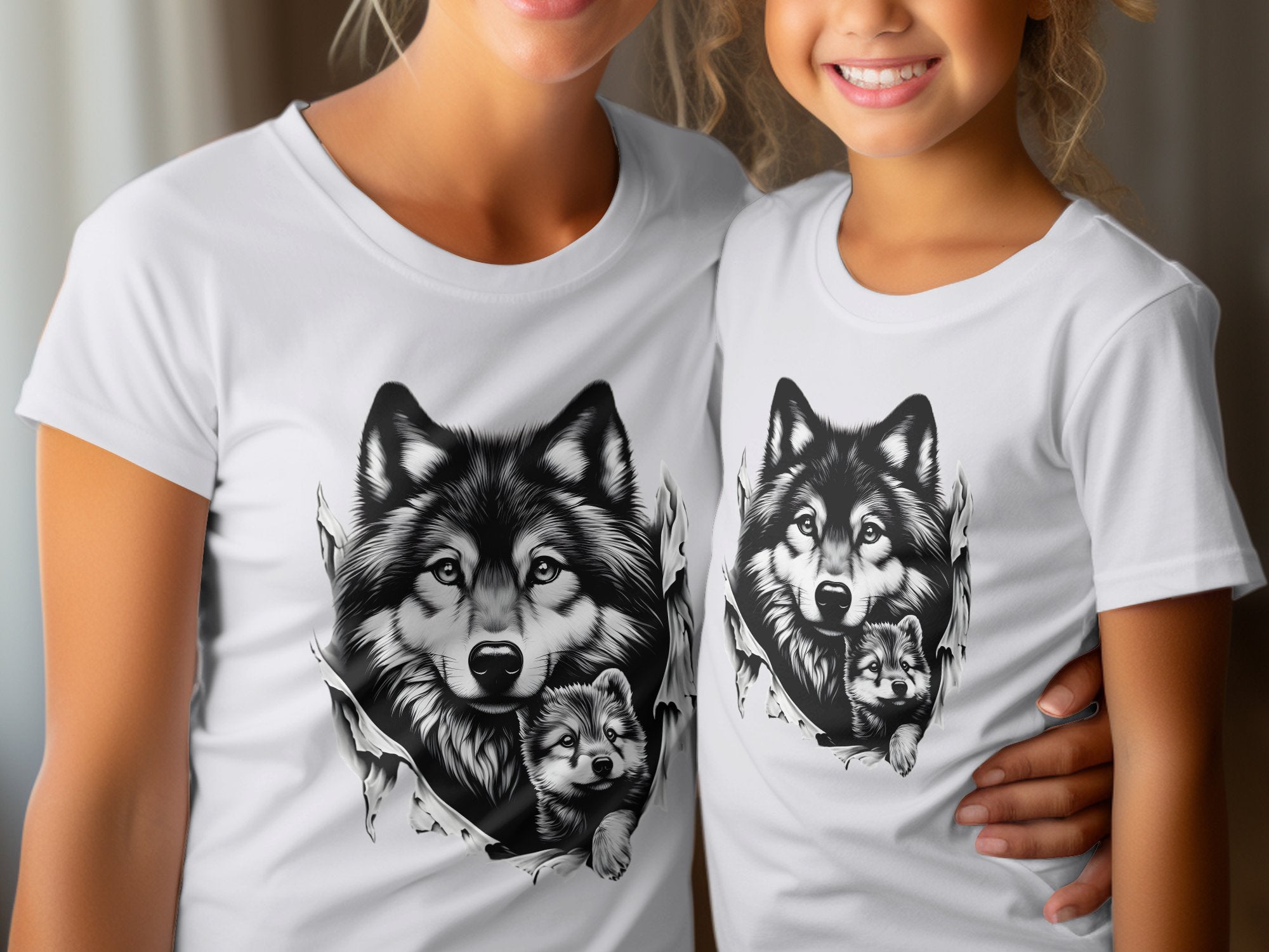 Wolf Mother and Cub - Coloured Gildan Kids T-Shirt Family Talisman Unisex Tee Graphic Design