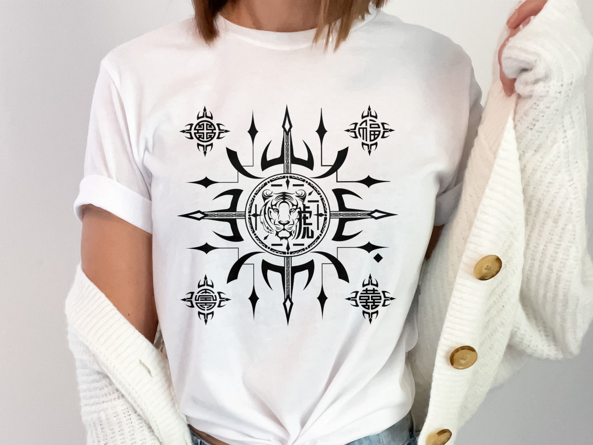 Fengshui Tiger - White Gildan T Shirt Inspirational Talisman Men Women Unisex Tee Graphic Design