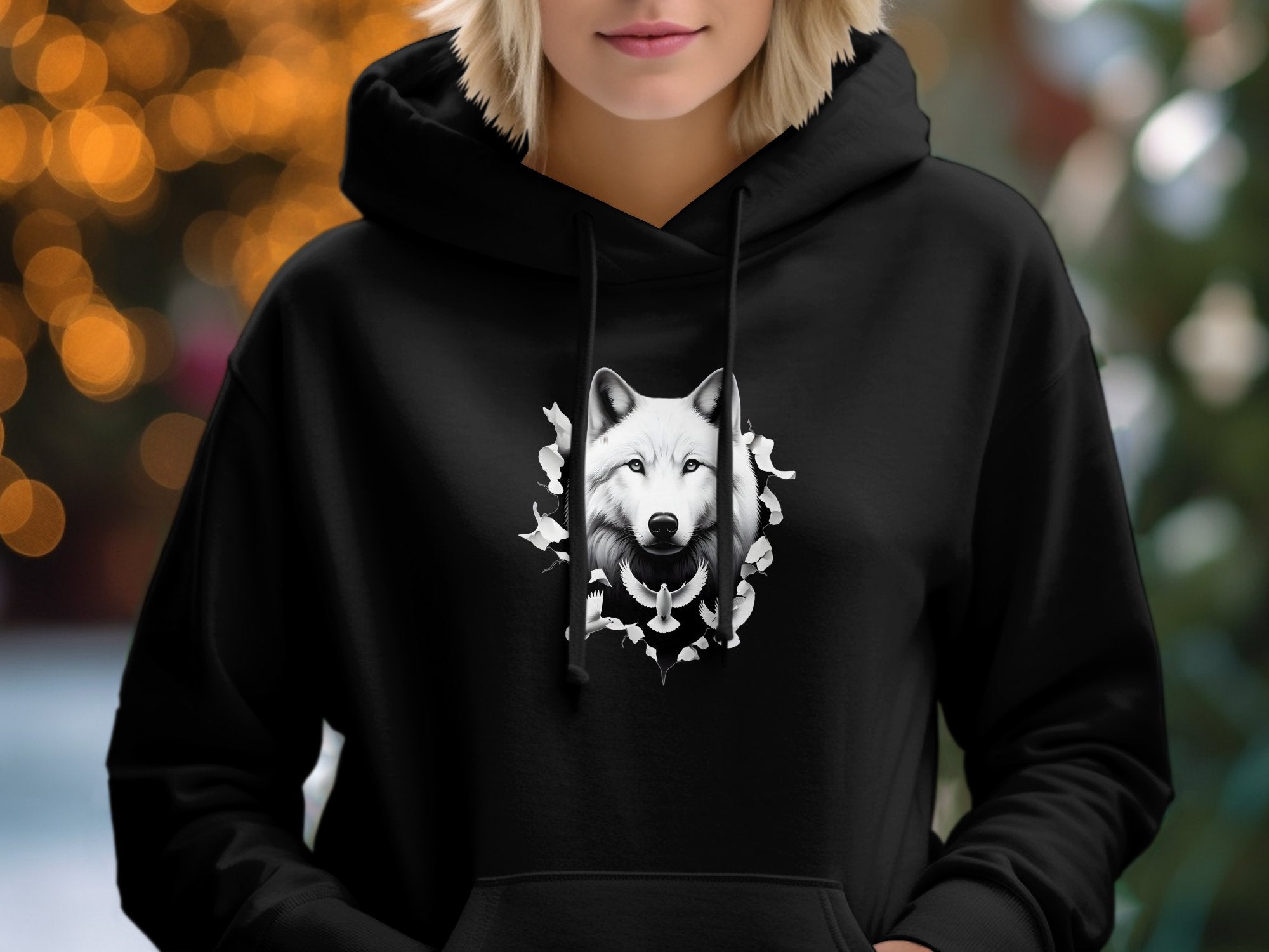 Wolf x Doves - Black White Gildan Hoodie Realistic Animal Talisman Unisex Tee Graphic Design