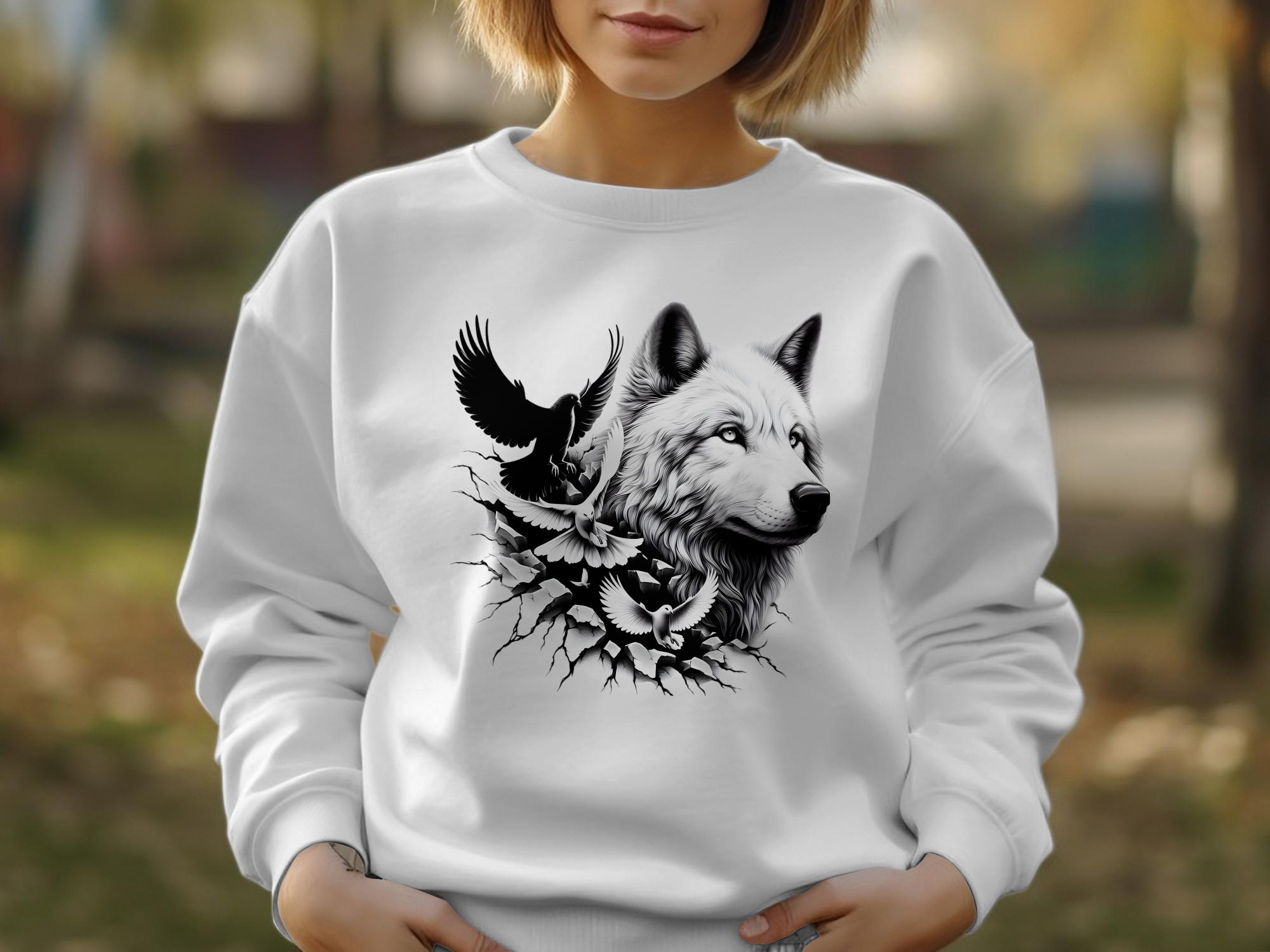 Wolf x Doves - Black White Gildan Sweatshirt Realistic Animal Talisman Unisex Tee Graphic Design