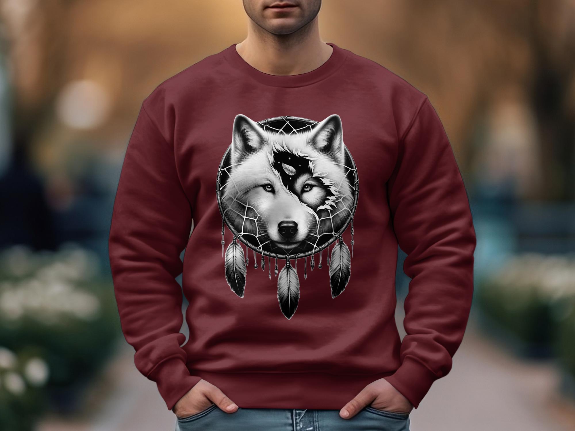 Dreamcatcher Wolf - Coloured Gildan Sweatshirt Realistic Native American Talisman Unisex Mythology Tee Graphic Design