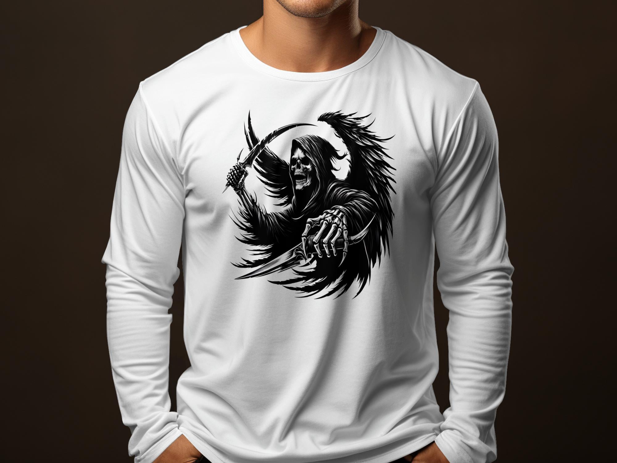 Grim Reaper - Black White Gildan Long Sleeve Commemorative Talisman Unisex Tee Graphic Design