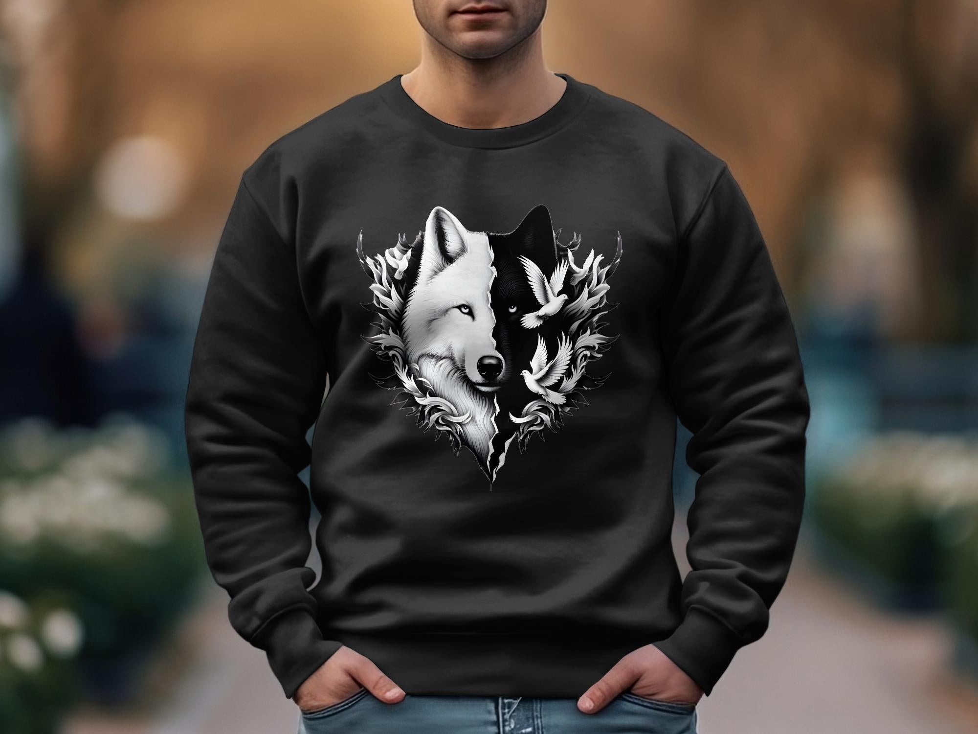 Wolf x Doves - Black White Gildan Sweatshirt Realistic Animal Talisman Unisex Tee Graphic Design