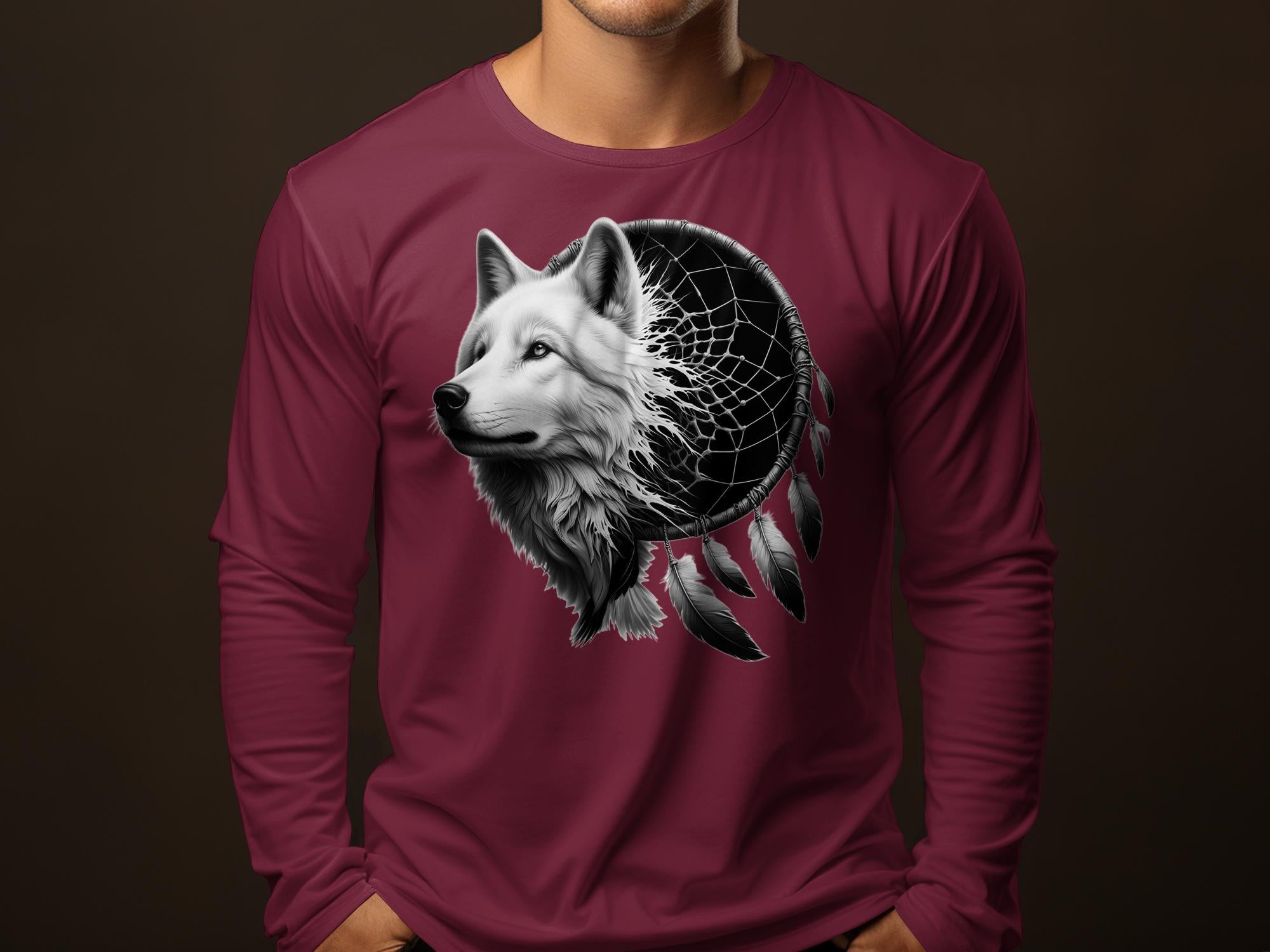 Dreamcatcher Wolf - Coloured Gildan Long Sleeve Realistic Native American Talisman Unisex Mythology Tee Graphic Design