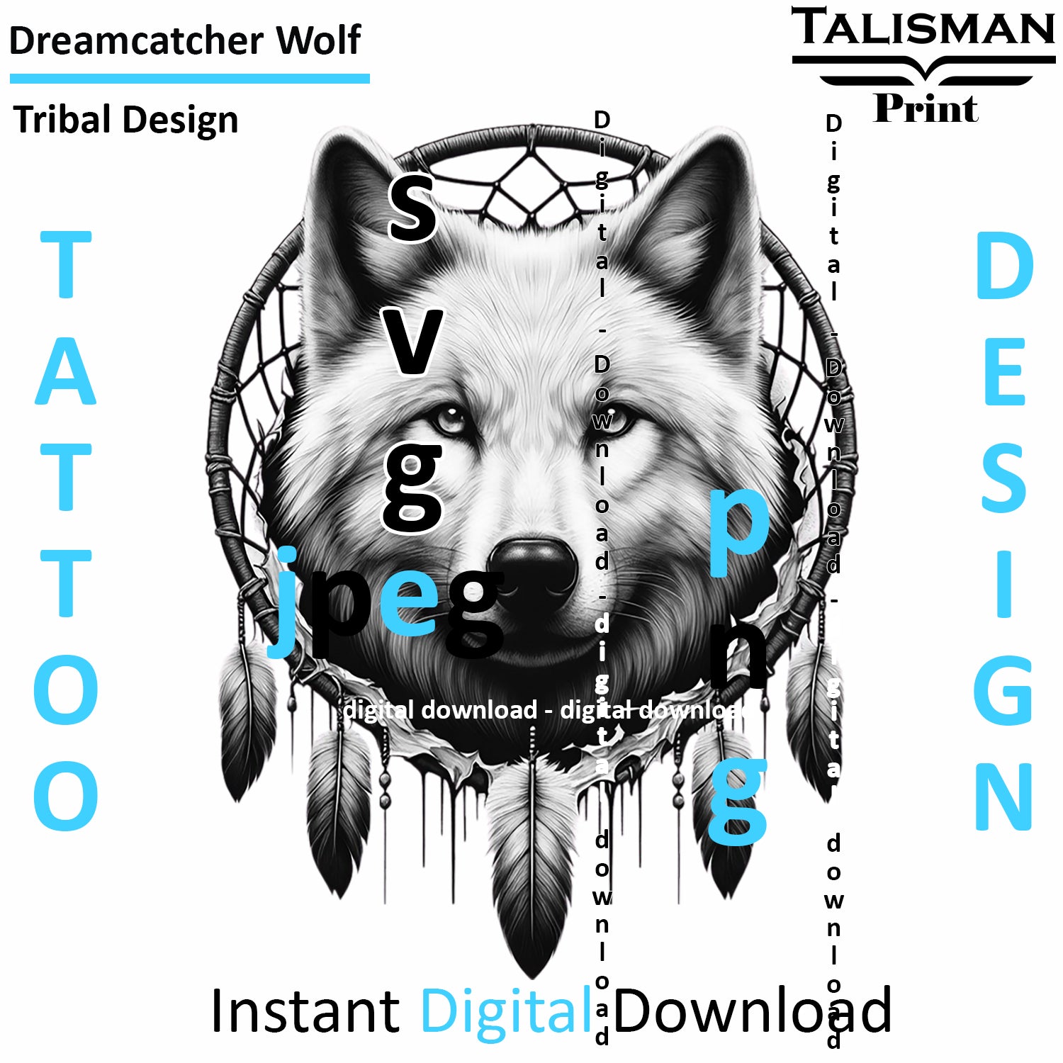 Dreamcatcher Wolf - Digital Art | PNG, JPEG & SVG | Instant Download for Apparel, Décor and Wall Art