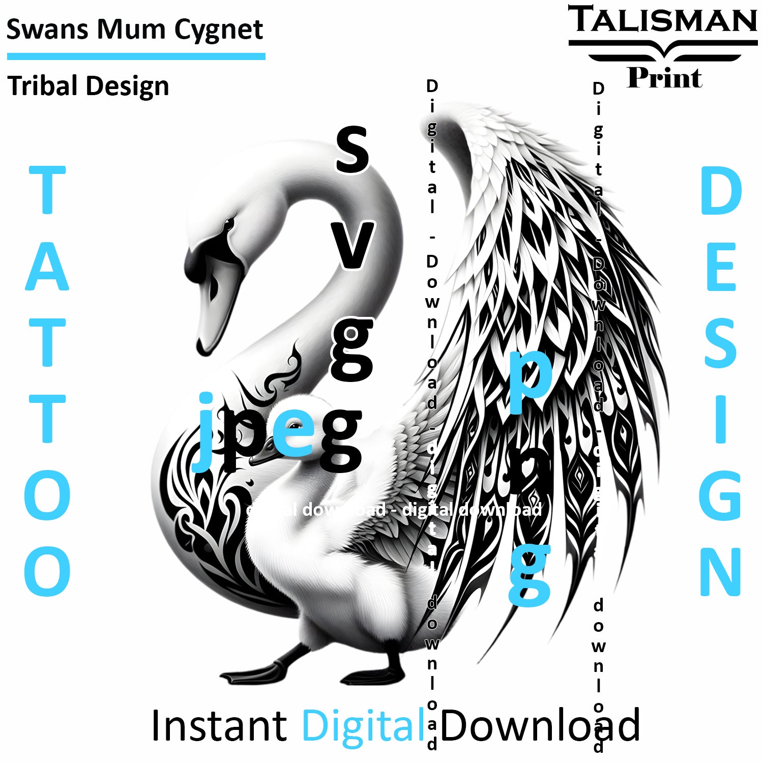 Swan and Cygnet - Digital Art | PNG, JPEG & SVG | Instant Download for Apparel, Décor and Wall Art