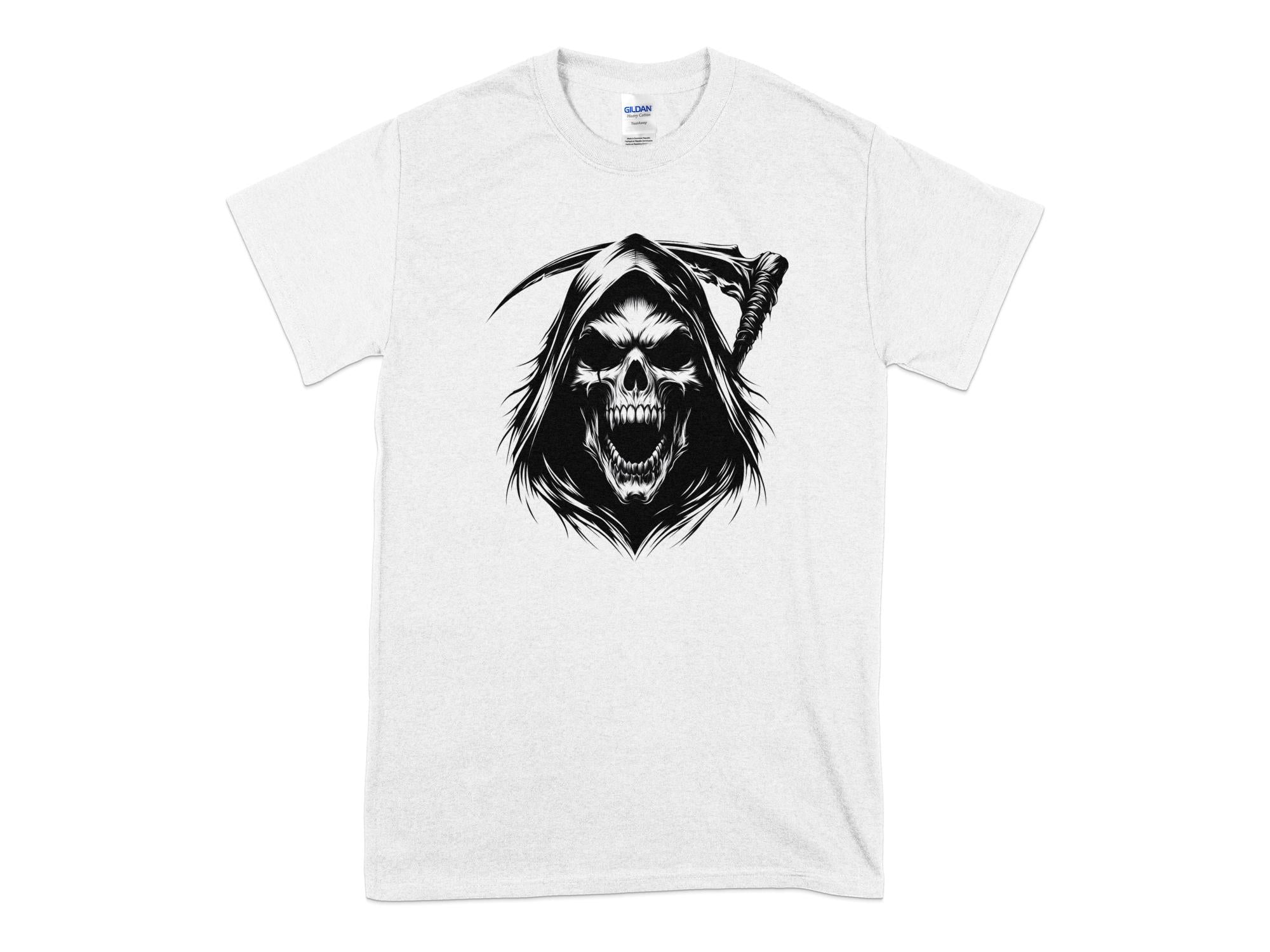 Grim Reaper - Black White Gildan T-Shirt Commemorative Talisman Unisex Tee Graphic Design