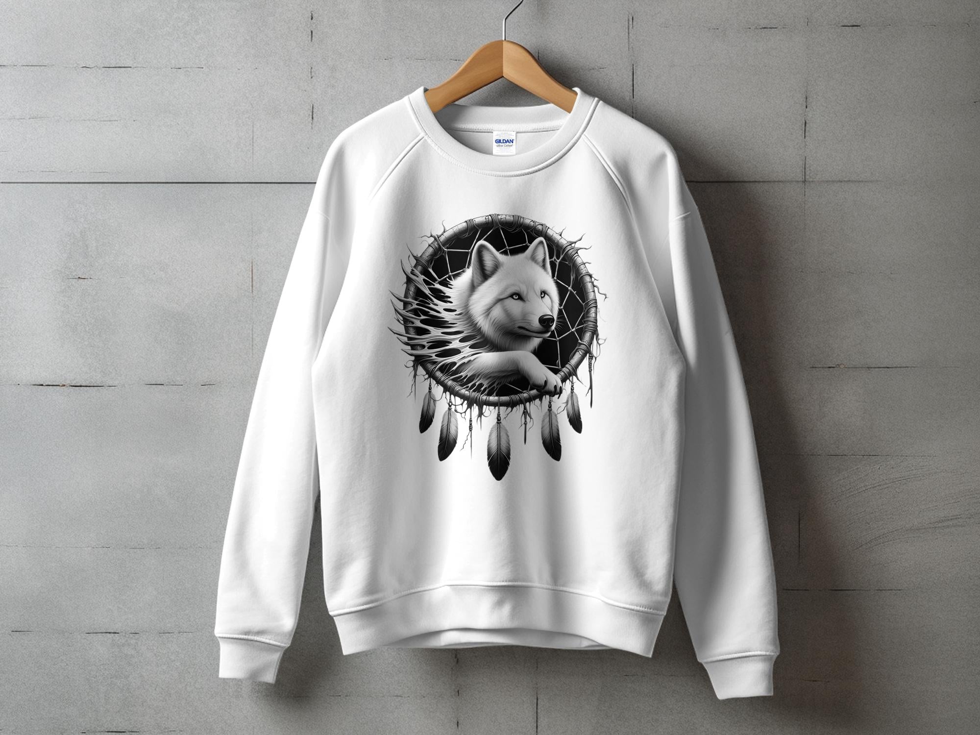 Dreamcatcher Wolf - Coloured Gildan Sweatshirt Realistic Native American Talisman Unisex Mythology Tee Graphic Design