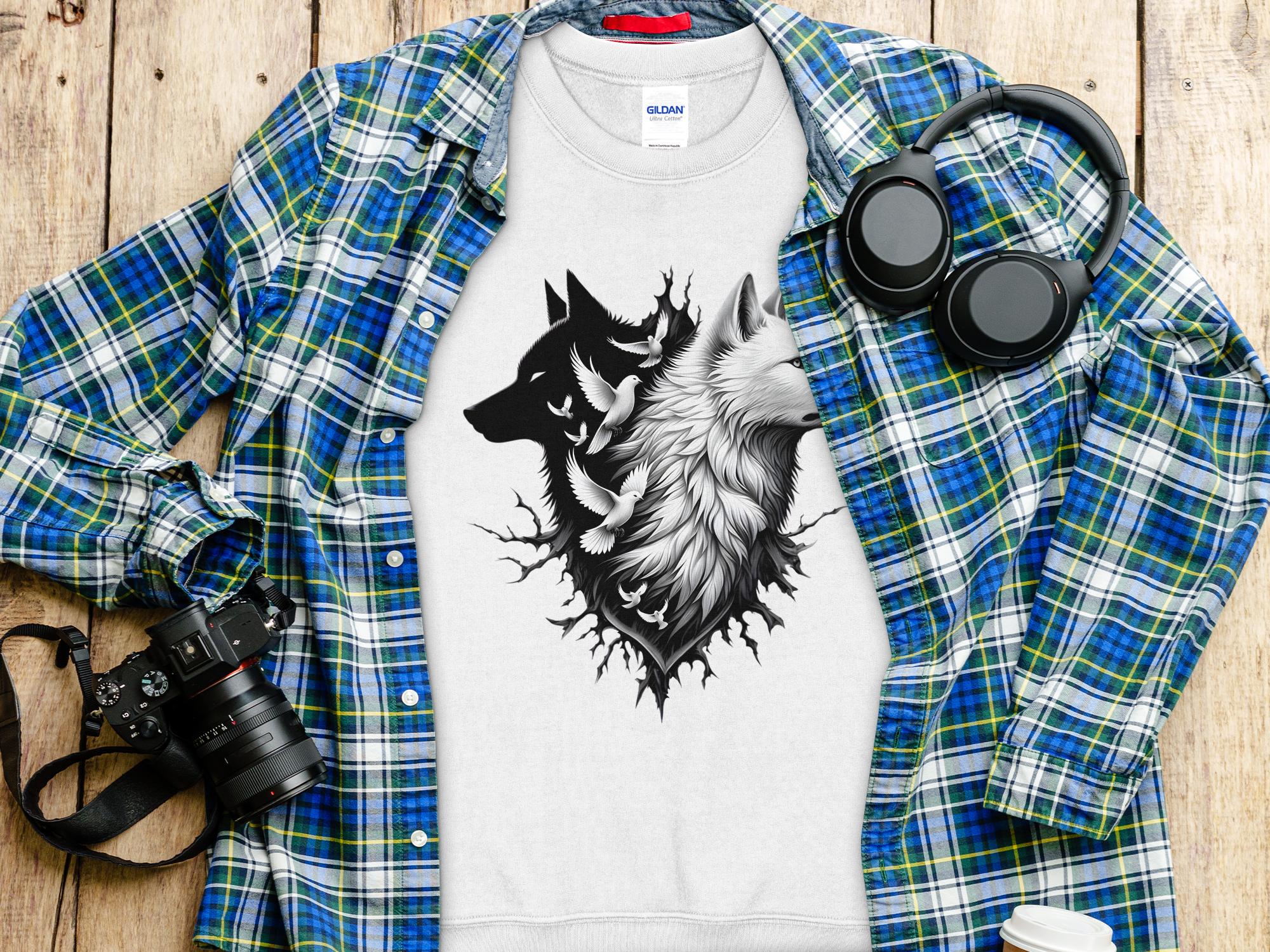 Wolf x Doves - Black White Gildan Sweatshirt Realistic Animal Talisman Unisex Tee Graphic Design