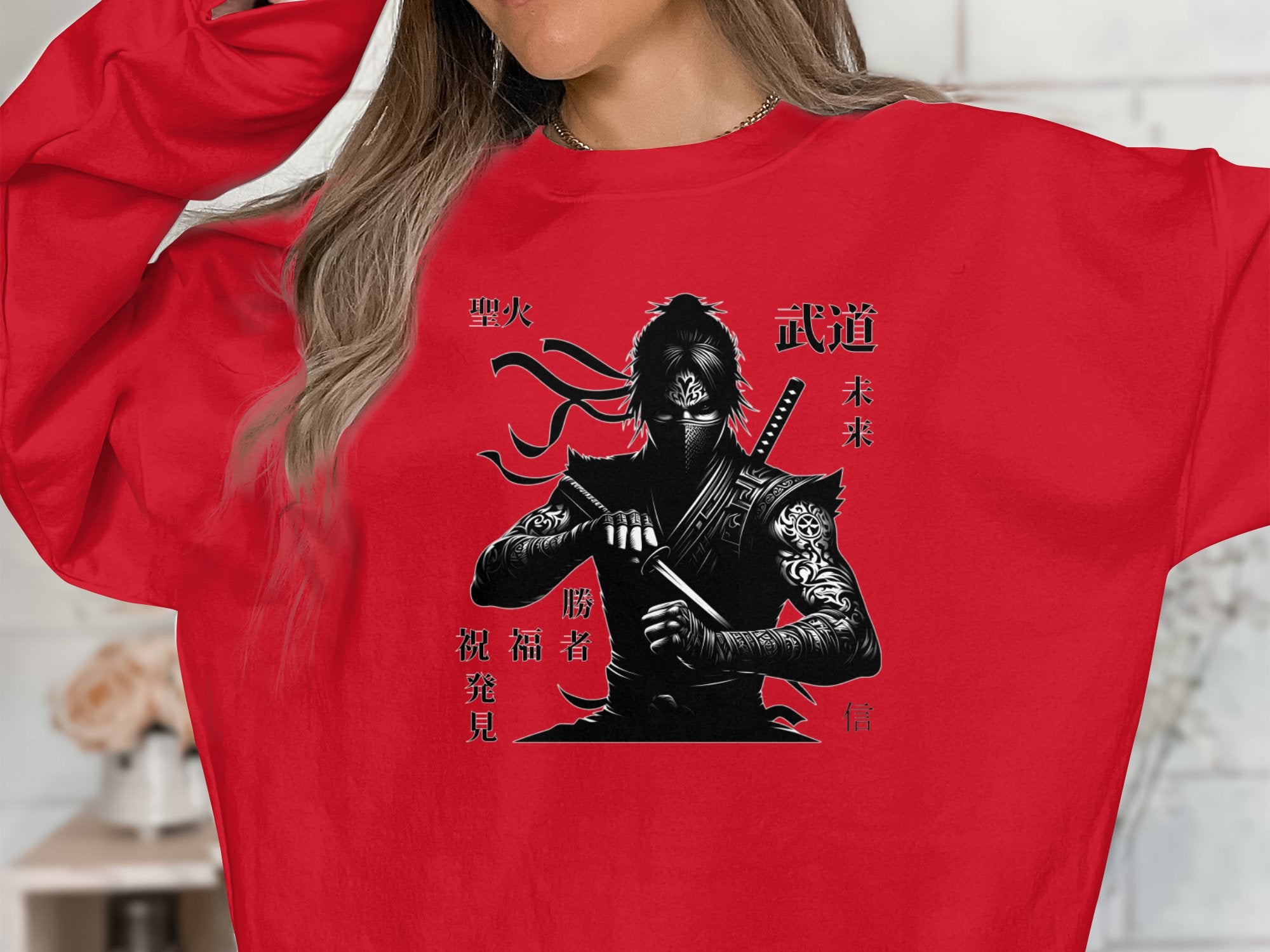 Samurai Ninja - Coloured Gildan Sweatshirt Japanese Talisman Unisex Cultural Symbolic Graphic Design