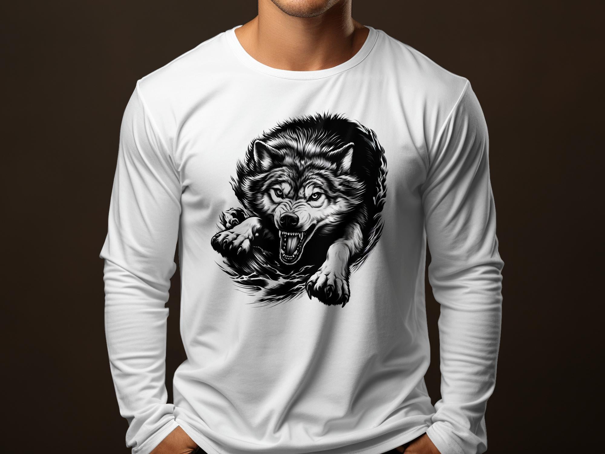 Wolf Tribal - Black White Gildan Long Sleeve Realistic Animal Talisman Unisex Tee Graphic Design