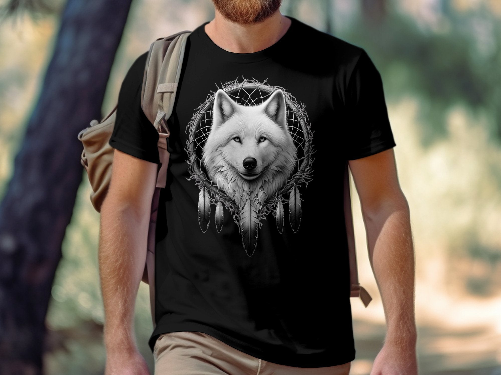 Dreamcatcher Wolf - Coloured Gildan T-Shirt Realistic Native American Talisman Unisex Mythology Tee Graphic Design