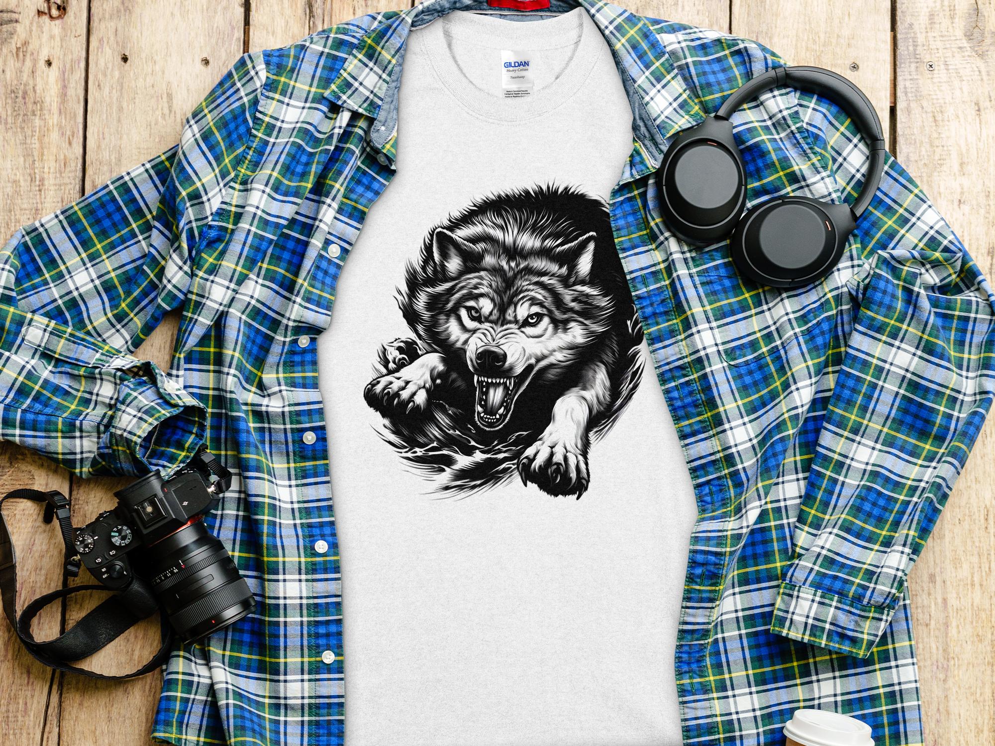 Wolf Tribal - Black White Gildan T-Shirt Realistic Animal Talisman Unisex Tee Graphic Design