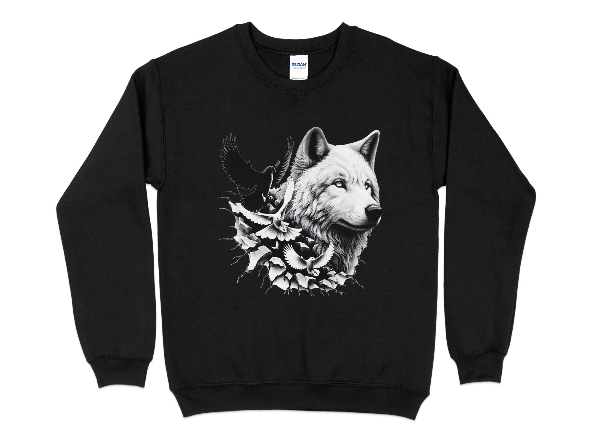 Wolf x Doves - Black White Gildan Sweatshirt Realistic Animal Talisman Unisex Tee Graphic Design