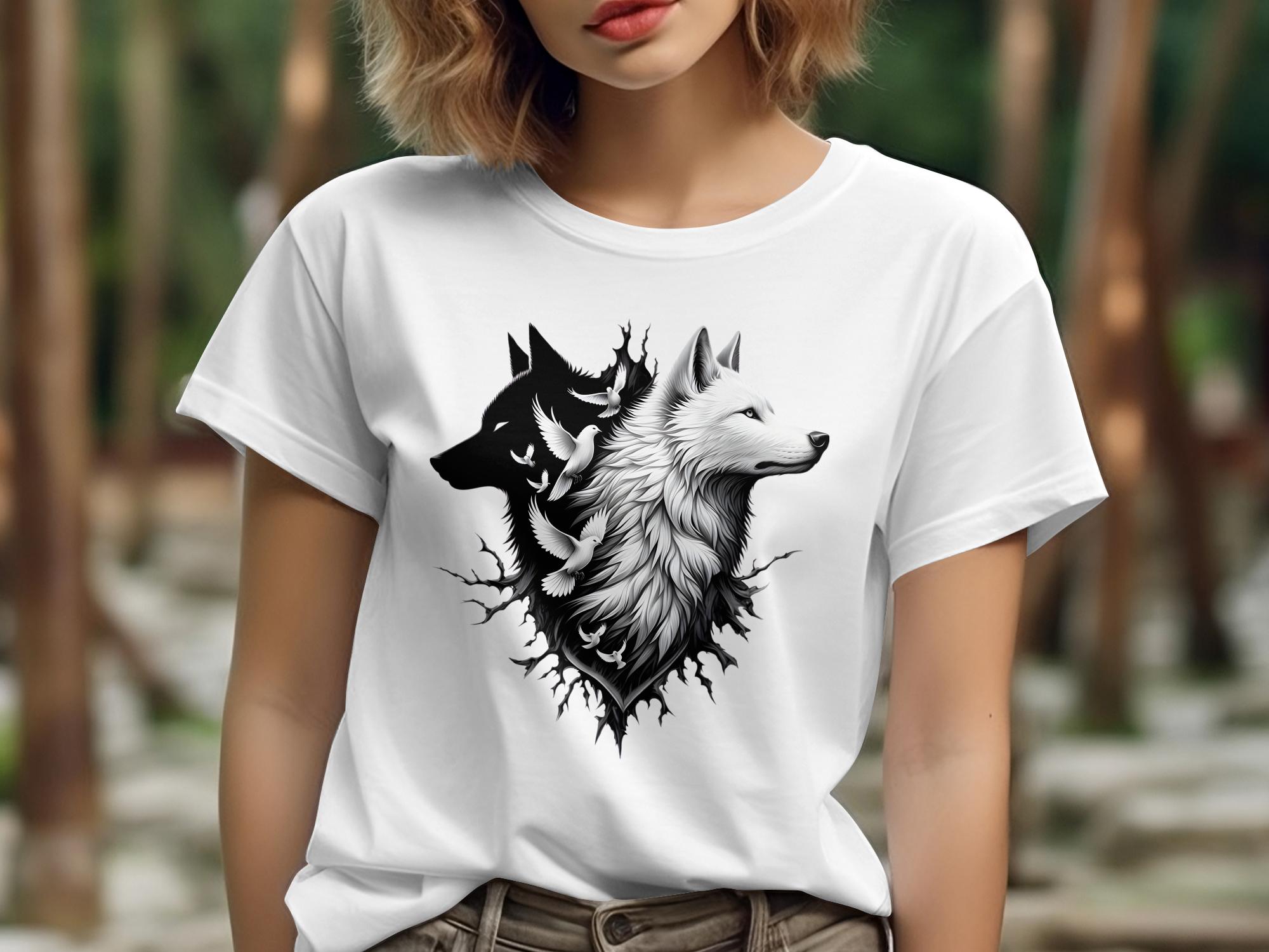 Wolf x Doves - Black White Gildan T-Shirt Realistic Animal Talisman Unisex Tee Graphic Design