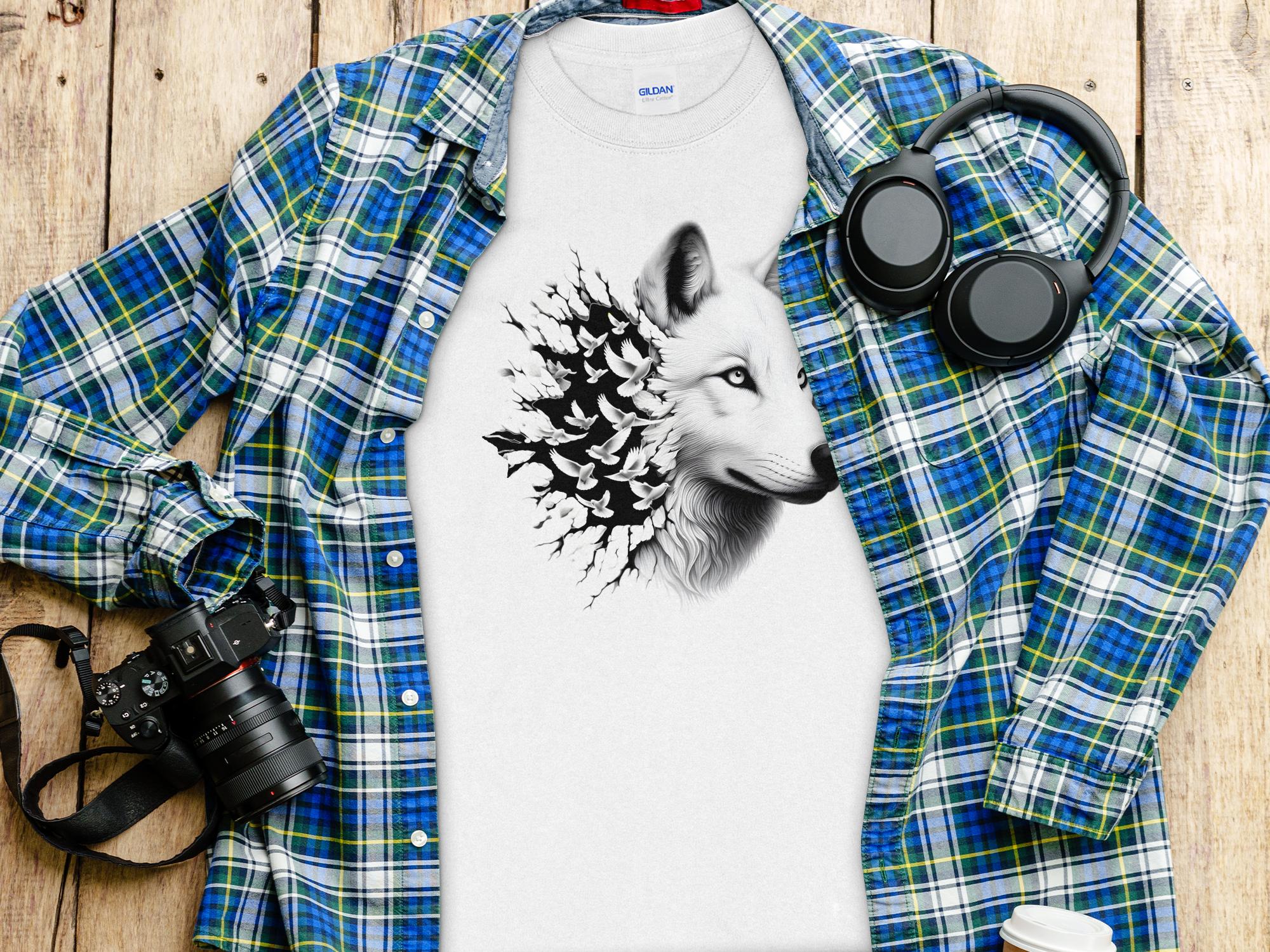 Wolf x Doves - Black White Gildan Long Sleeve Realistic Animal Talisman Unisex Tee Graphic Design