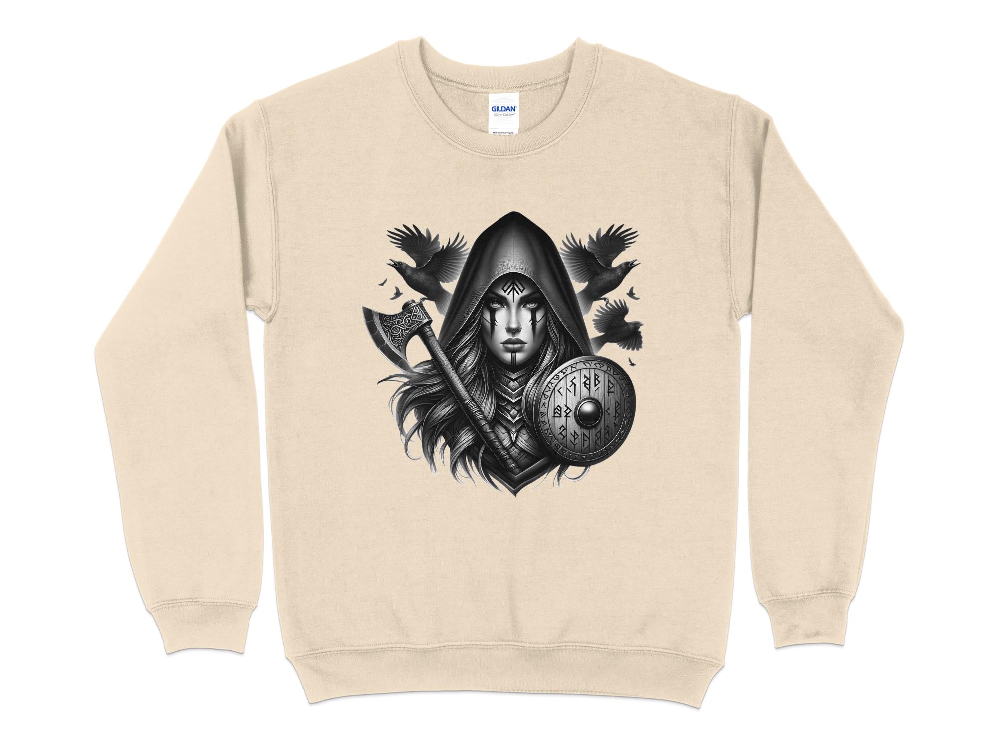 Viking Shield Maiden - Coloured Gildan Sweatshirt Realistic Norse Talisman Men Women Unisex Valhalla Tee Graphic Design