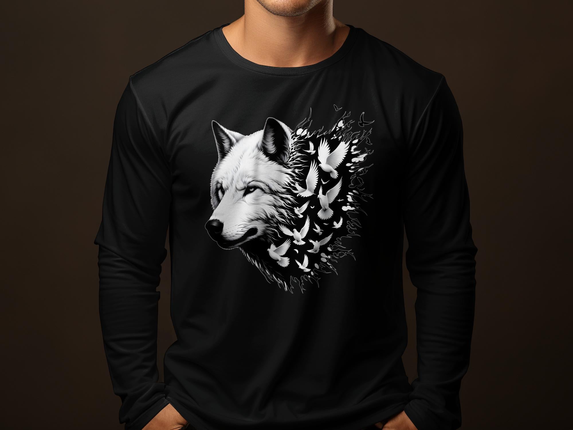 Wolf x Doves - Black White Gildan Long Sleeve Realistic Animal Talisman Unisex Tee Graphic Design