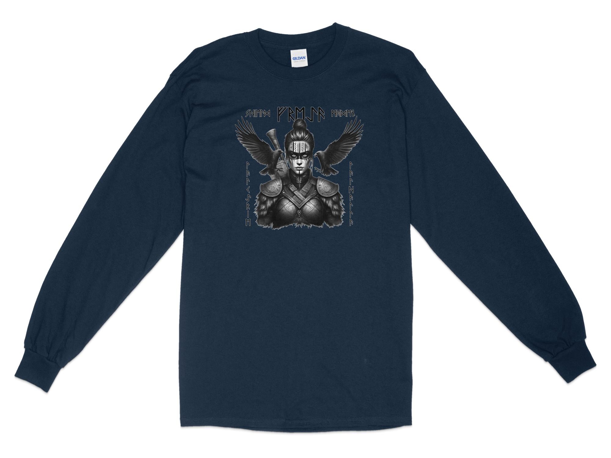 Viking Shield Maiden - Coloured Gildan Long Sleeve Realistic Norse Talisman Men Women Unisex Valhalla Tee Graphic Design