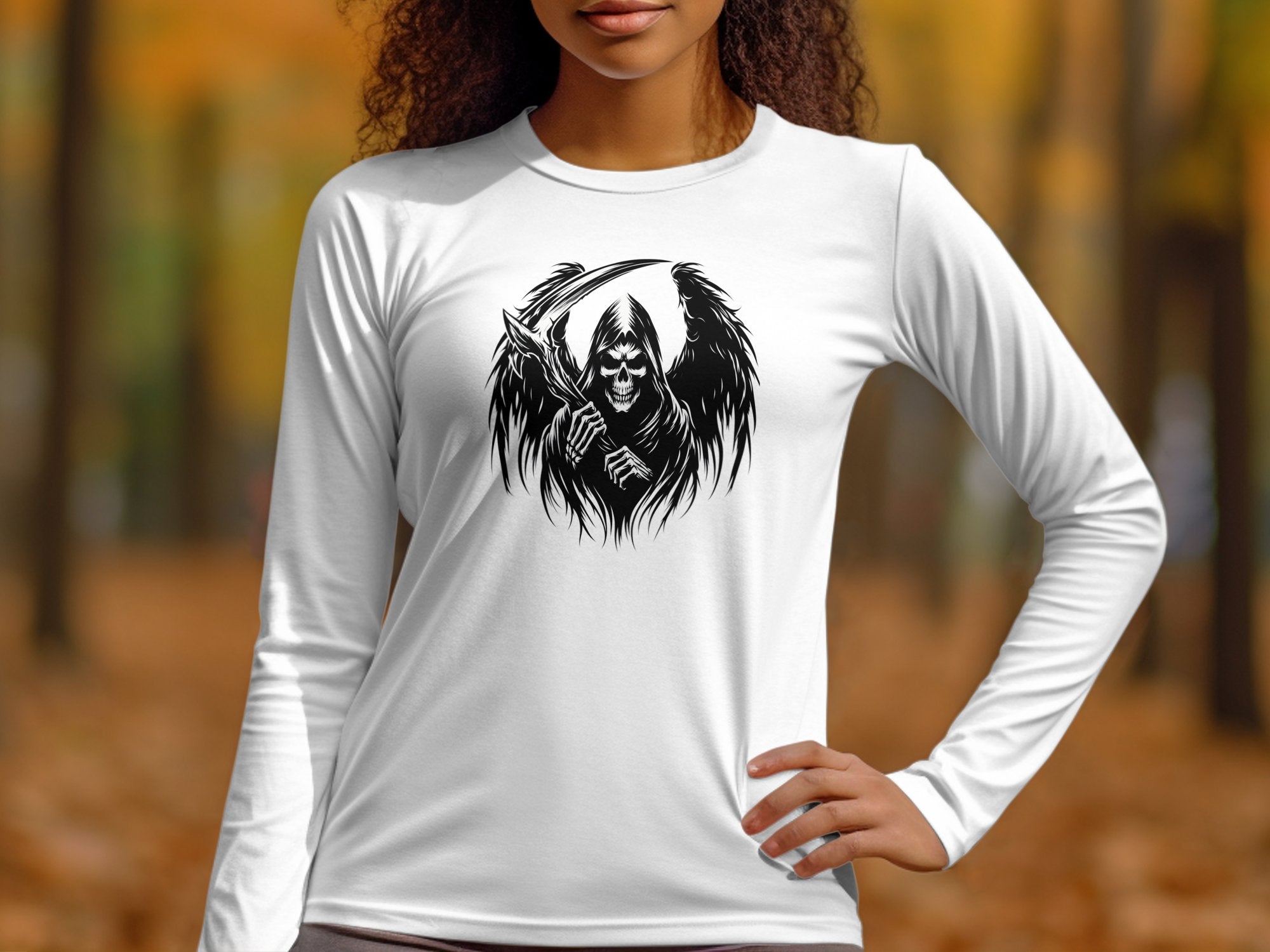 Grim Reaper - Black White Gildan Long Sleeve Commemorative Talisman Unisex Tee Graphic Design