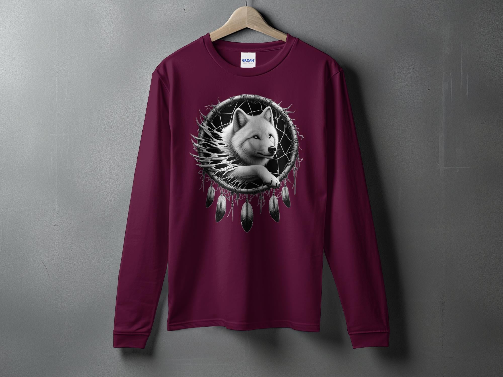 Dreamcatcher Wolf - Coloured Gildan Long Sleeve Realistic Native American Talisman Unisex Mythology Tee Graphic Design