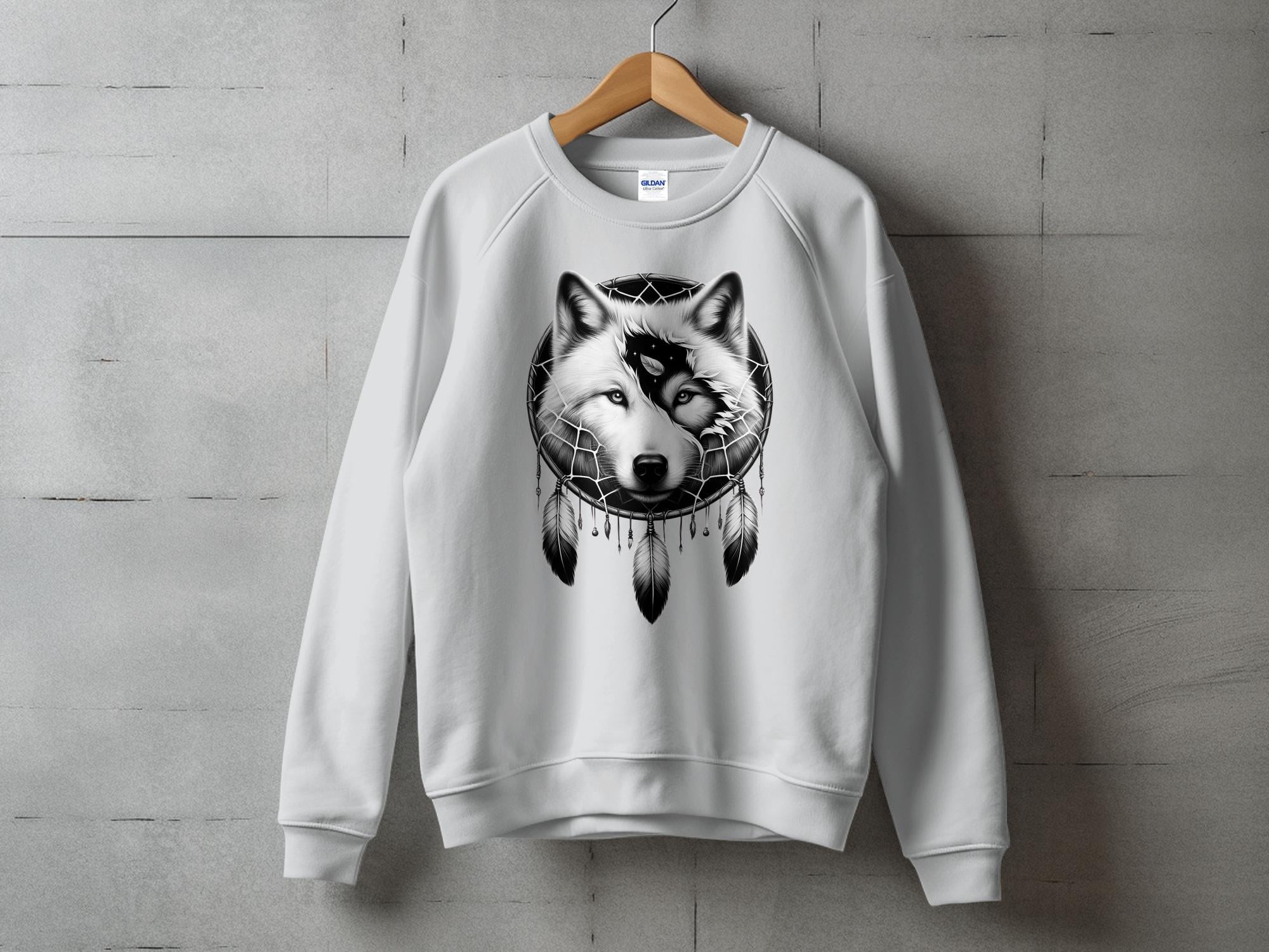 Dreamcatcher Wolf - Coloured Gildan Sweatshirt Realistic Native American Talisman Unisex Mythology Tee Graphic Design