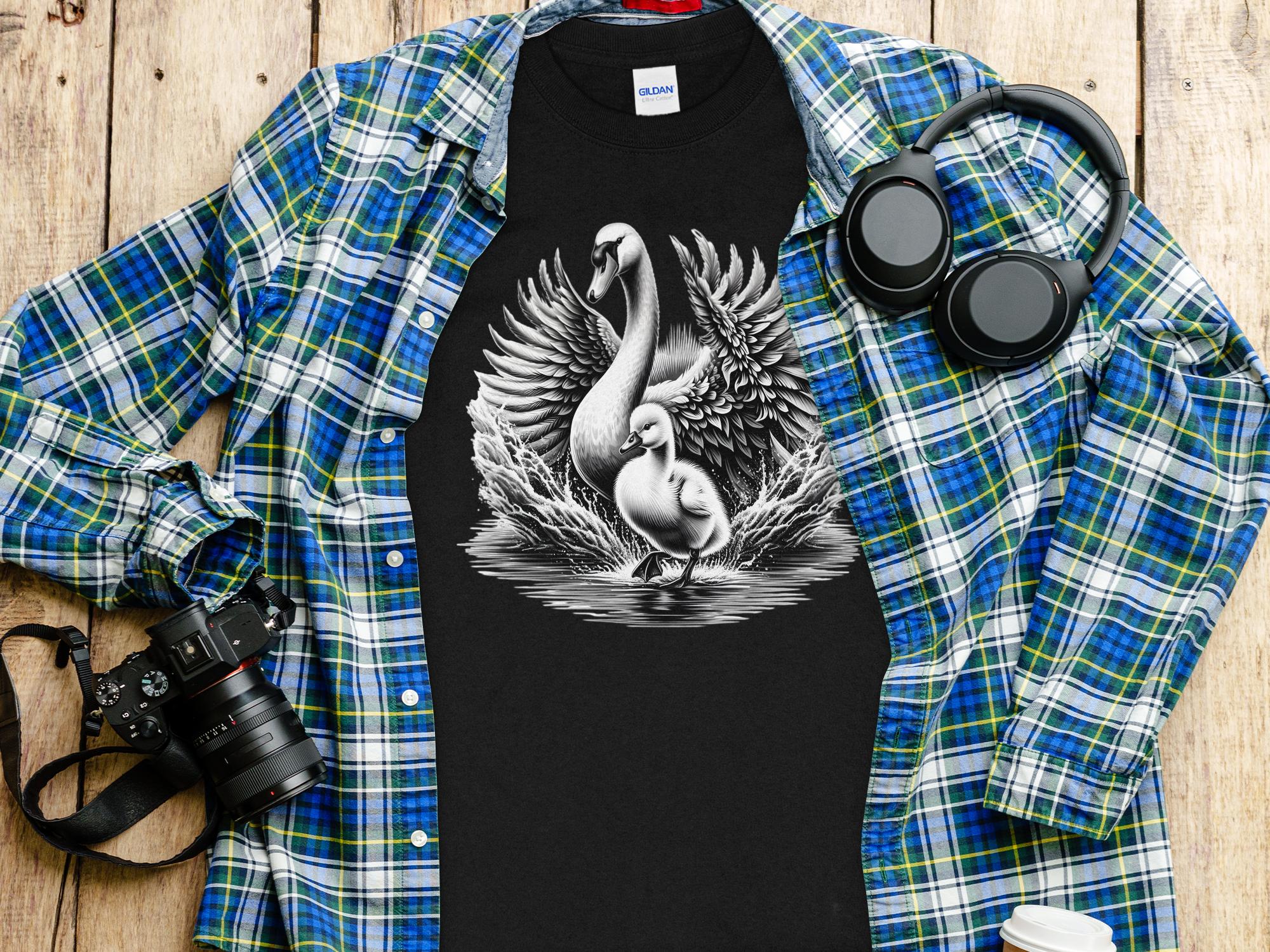 Swan & Cygnet- Black White Gildan Long Sleeve Realistic Family Talisman Unisex Tee Graphic Design