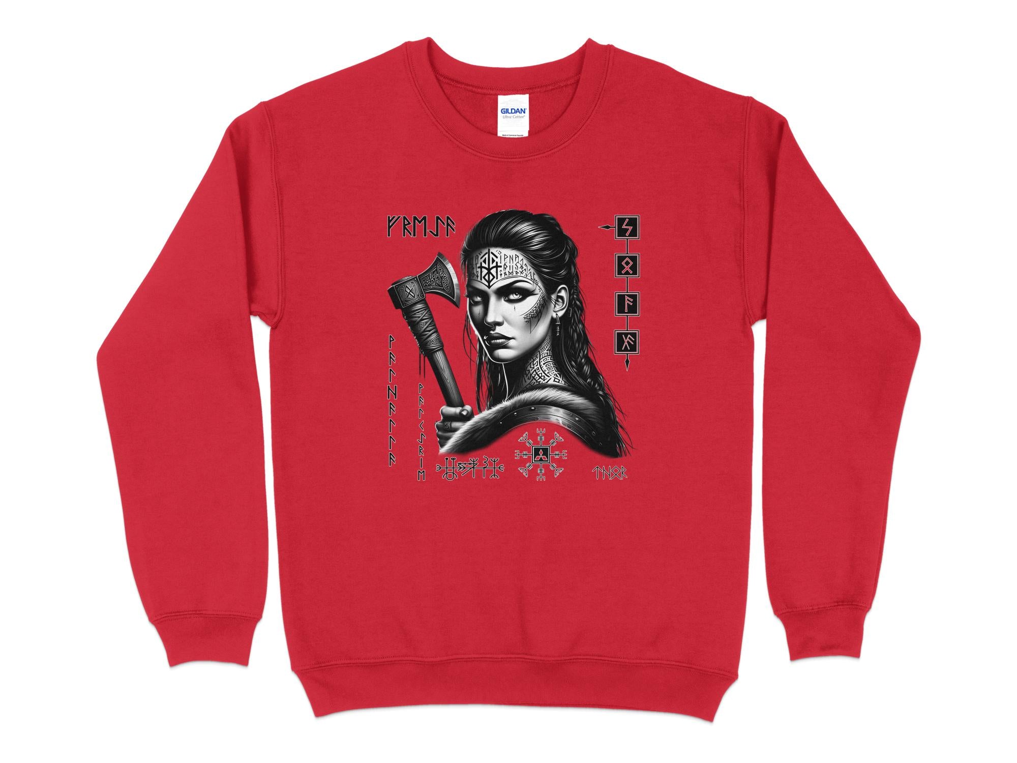 Viking Shield Maiden - Coloured Gildan Sweatshirt Realistic Norse Talisman Men Women Unisex Valhalla Tee Graphic Design