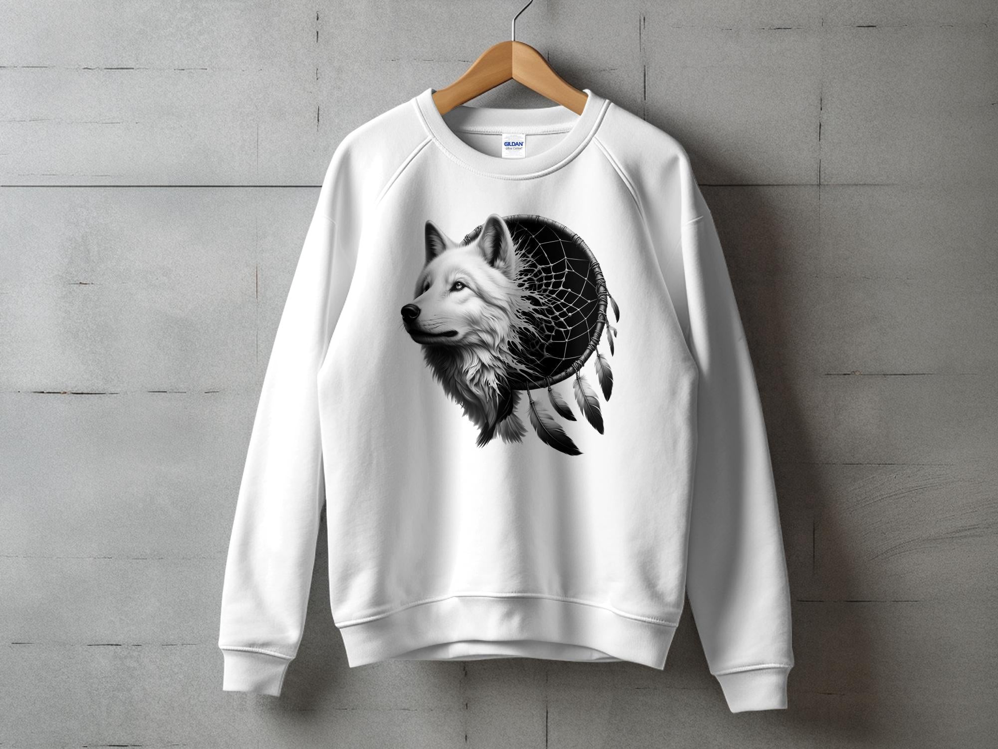 Dreamcatcher Wolf - Coloured Gildan Sweatshirt Realistic Native American Talisman Unisex Mythology Tee Graphic Design