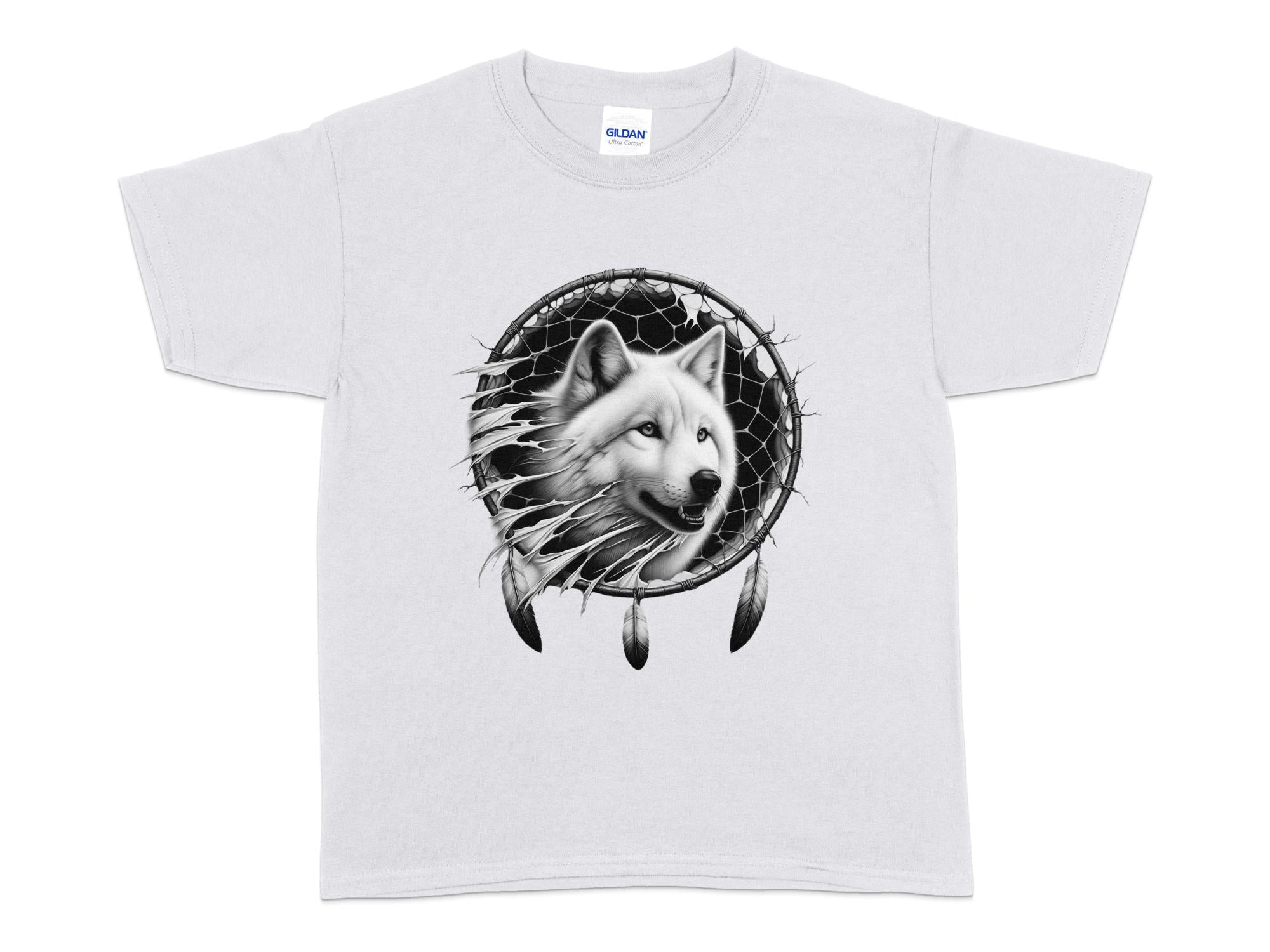 Dreamcatcher Wolf - Coloured Gildan Kids T-Shirt Realistic Native American Talisman Unisex Mythology Tee Graphic Design