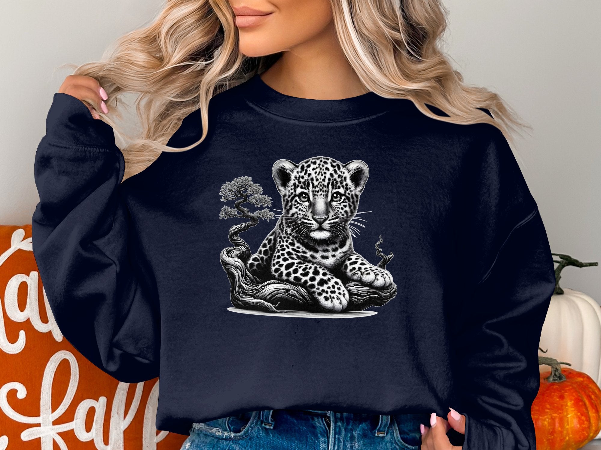 Leopard Bonsai - Coloured Gildan Sweatshirt Realistic Animal Talisman Unisex Cute Tee Graphic Design