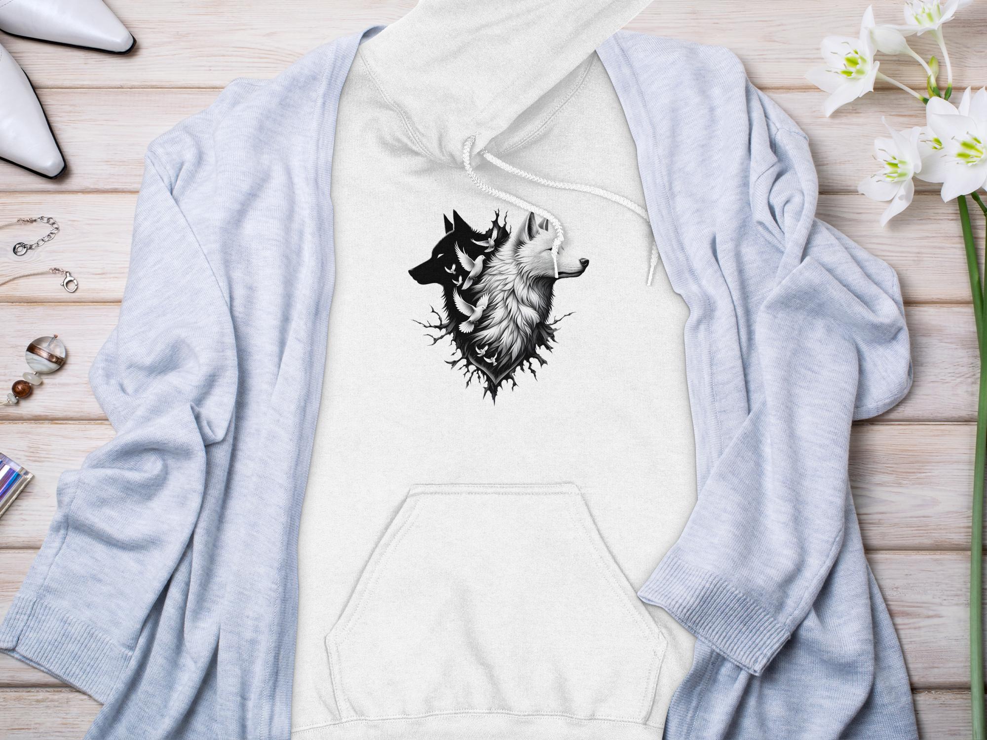 Wolf x Doves - Black White Gildan Hoodie Realistic Animal Talisman Unisex Tee Graphic Design