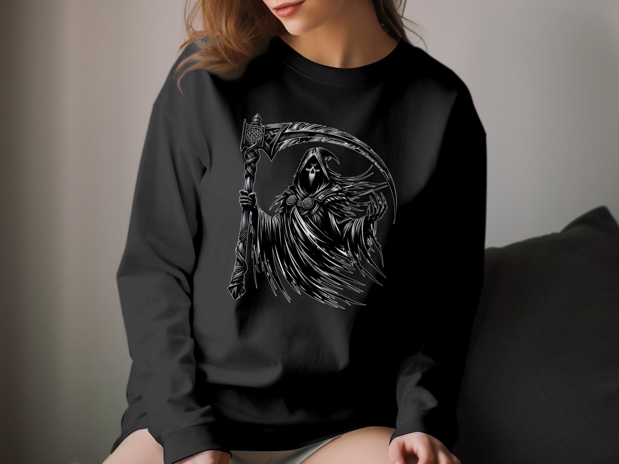 Grim Reaper - Black White Gildan Long Sleeve Commemorative Talisman Unisex Tee Graphic Design