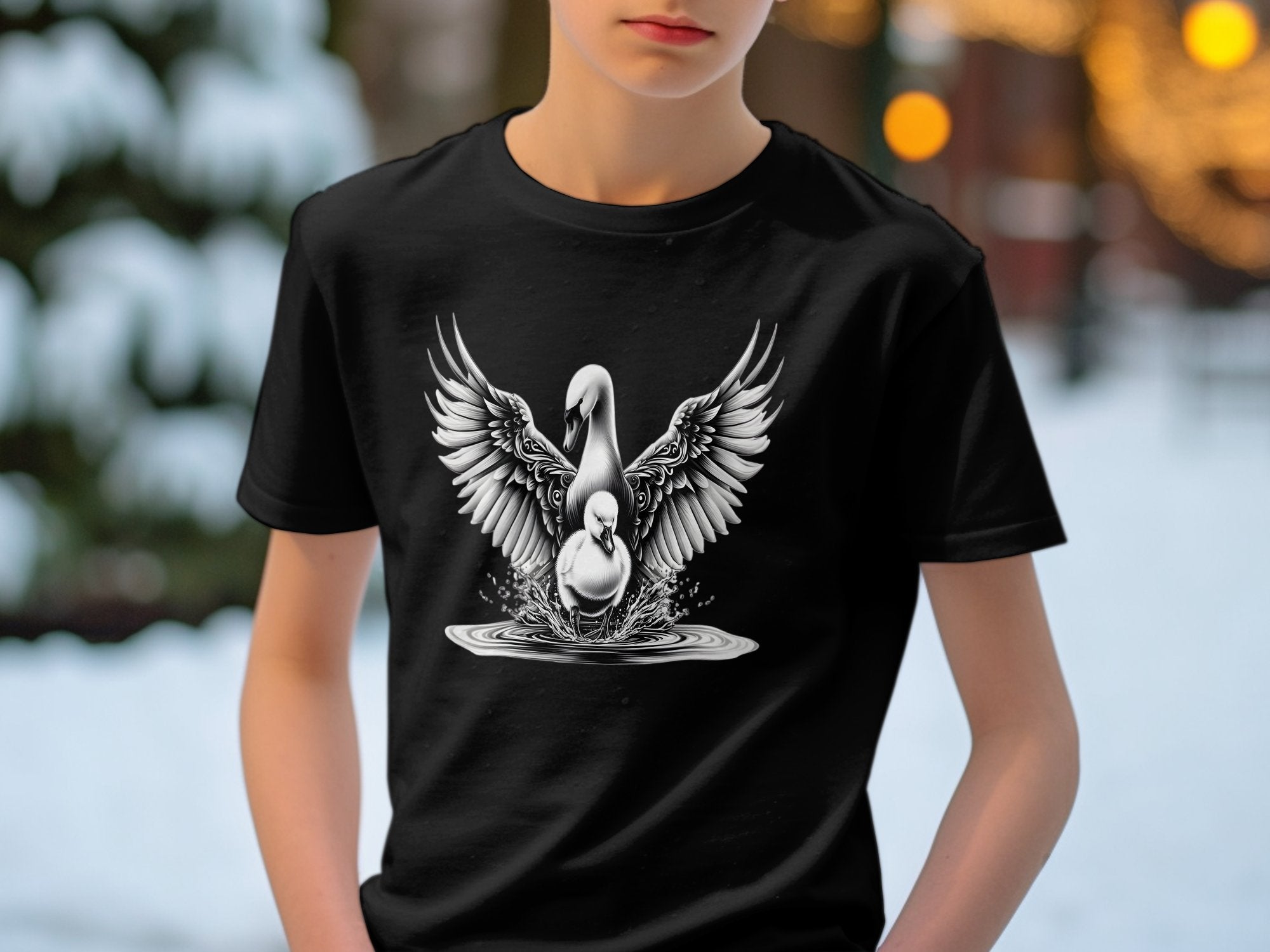 Swan & Cygnet- Black White Gildan Kids T-Shirt Realistic Family Talisman Unisex Tee Graphic Design